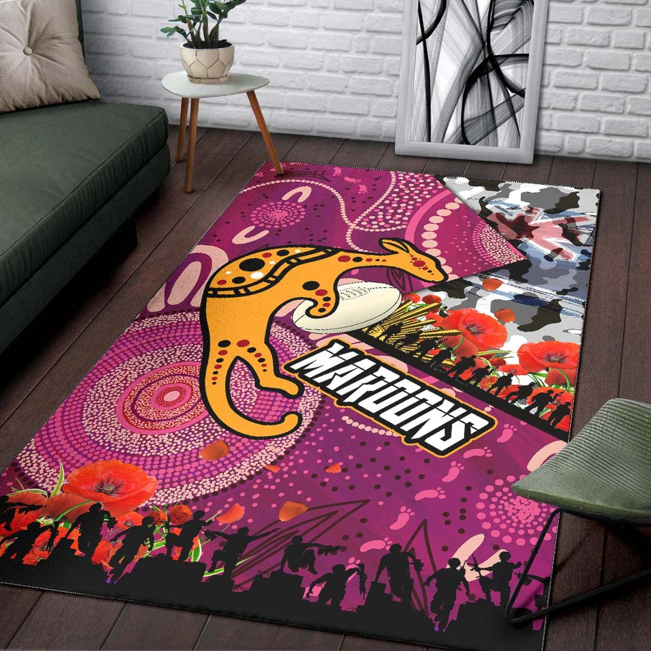 Maroons Rugby ANZAC Aboriginal Area Rug - Maroons Aboriginal Pattern with ANZAC Day Poppy Flower Area Rug LT10 - Vibe Hoodie Shop