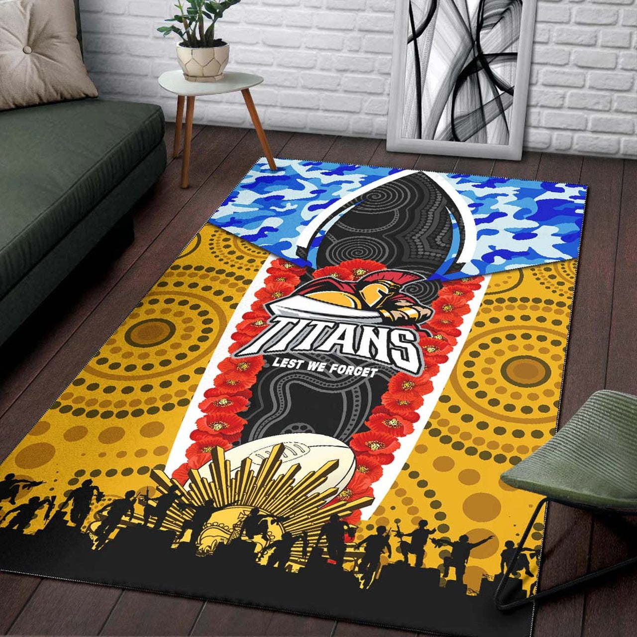 Titans Rugby ANZAC Aboriginal Rug - Titans with Poppy Watercolor Flower Rug LT10 - Vibe Hoodie Shop