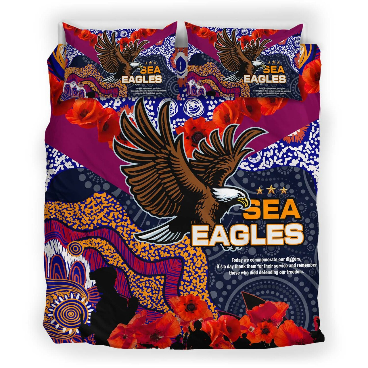 Sea Eagles Rugby ANZAC Aboriginal Bedding Set - Manly Warringah Sea Eagles with ANZAC Day Poppy Flower Bedding Set LT10 - Vibe Hoodie Shop