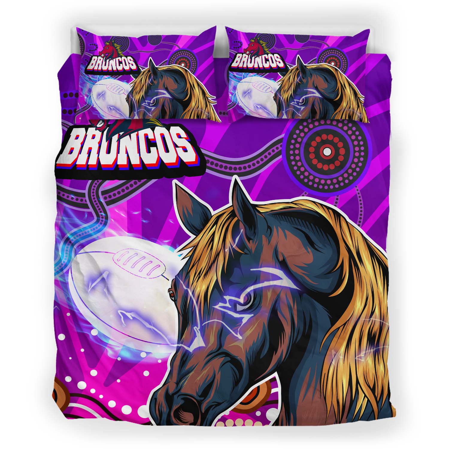 Broncos Rugby Bedding Set - Custom Broncos Horse Rugby with Aboriginal Low Poly Style Bedding Set - Vibe Hoodie Shop