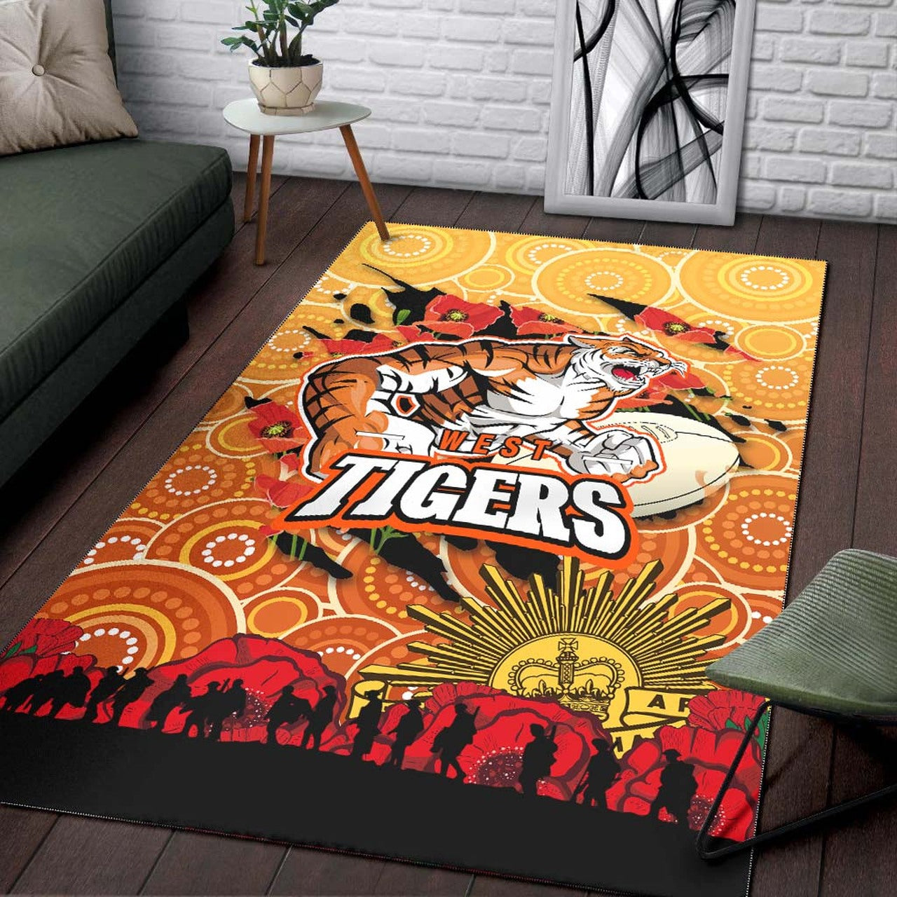 Tigers Rugby ANZAC Aboriginal Area Rug - Tigers Rugby with Remembrance Day Poppy Flower Area Rug LT10 - Vibe Hoodie Shop