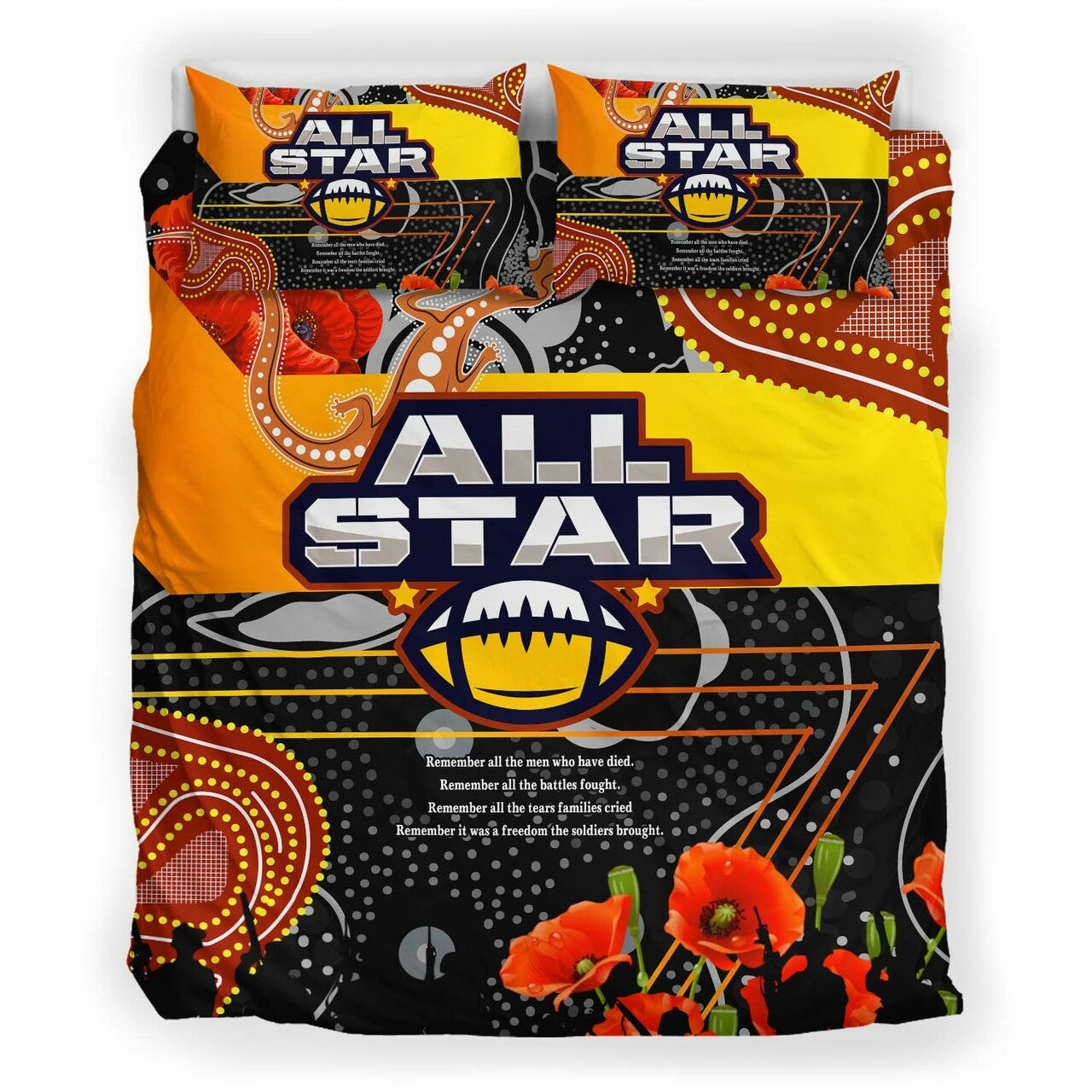 All Stars Rugby ANZAC Aboriginal Bedding Set - All Stars with ANZAC Day with Poppy Flower Bedding Set LT10 - Vibe Hoodie Shop