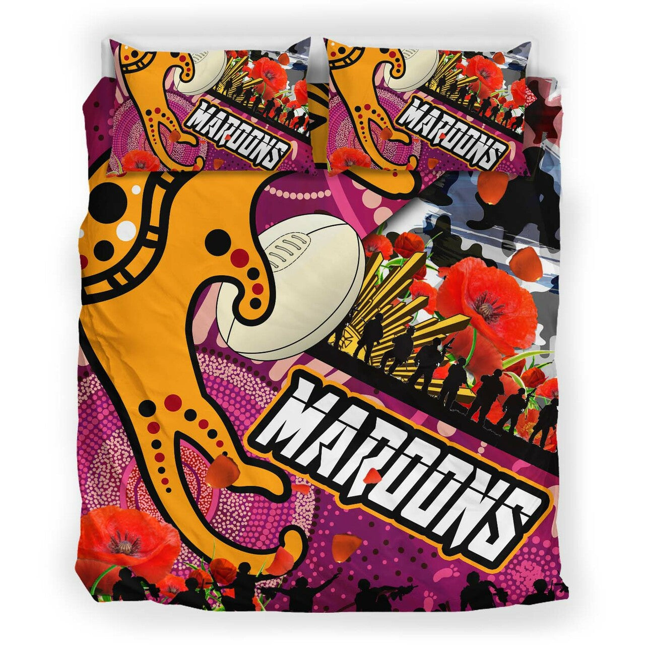 Maroons Rugby ANZAC Aboriginal Bedding Set - Maroons Aboriginal Pattern with ANZAC Day Poppy Flower Bedding Set LT10 - Vibe Hoodie Shop