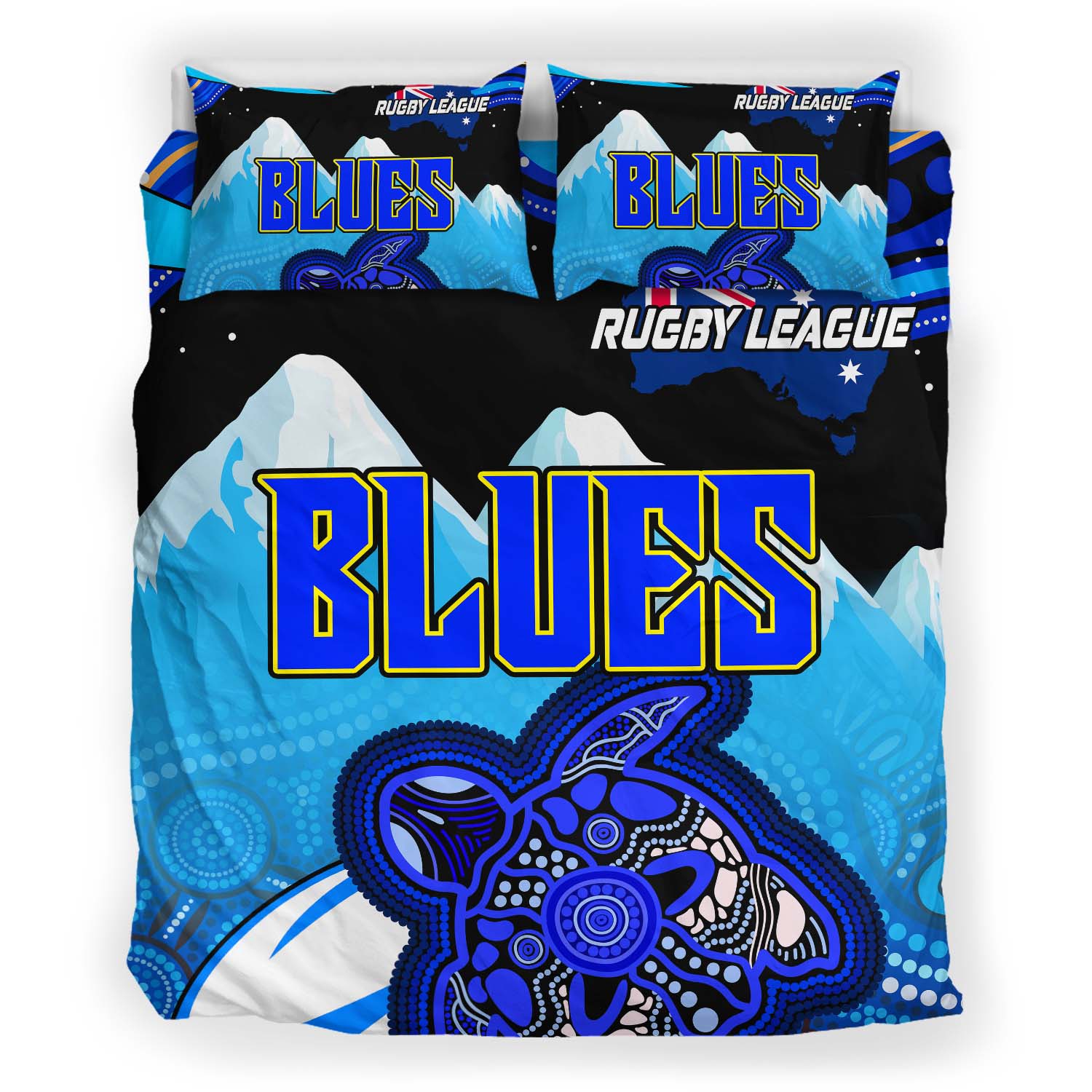 Blues Rugby Bedding Set - Blues Rugby League Turtle and Mountain Aboriginal Culture Bedding Set - Vibe Hoodie Shop