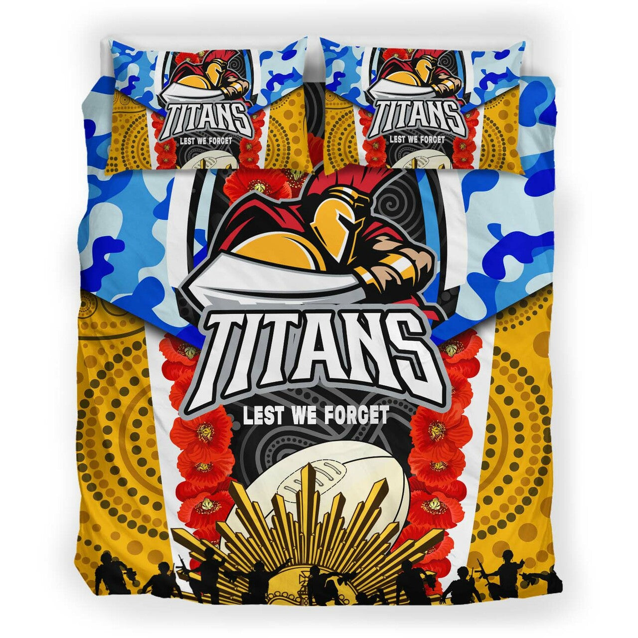 Titans Rugby ANZAC Aboriginal Bedding Set - Titans with Poppy Watercolor Flower Bedding Set LT10 - Vibe Hoodie Shop