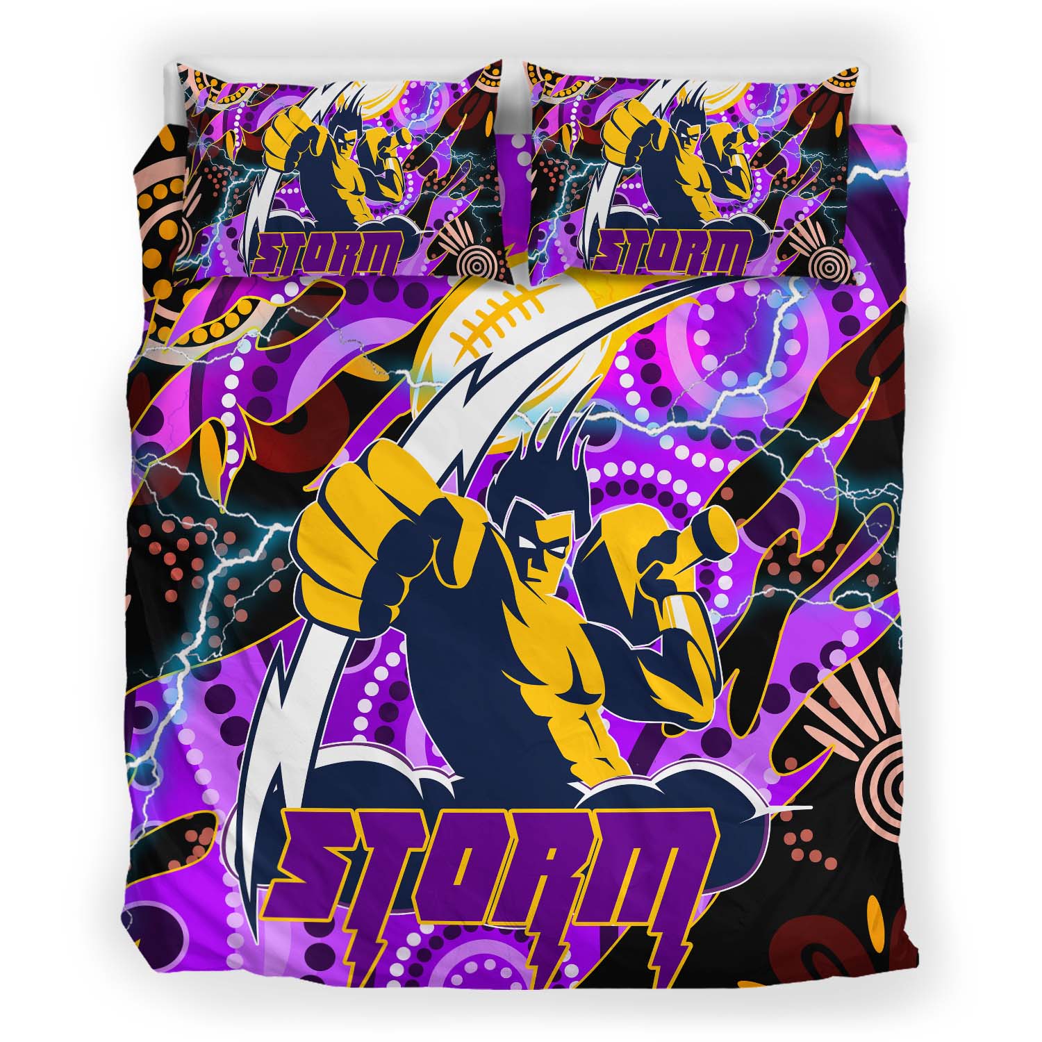 Storm Rugby Bedding Set - Storm Rugby Team with Aboriginal Dot Painting and Indigenous Pattern Bedding Set - Vibe Hoodie Shop