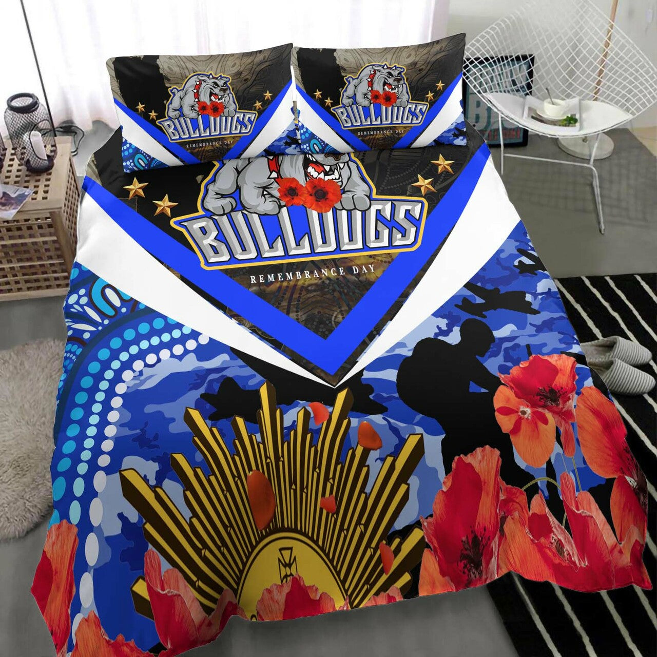 Bulldogs Rugby ANZAC Aboriginal Bedding Set - Poppy Flower Remembrance Day Bedding Set LT10 - Vibe Hoodie Shop