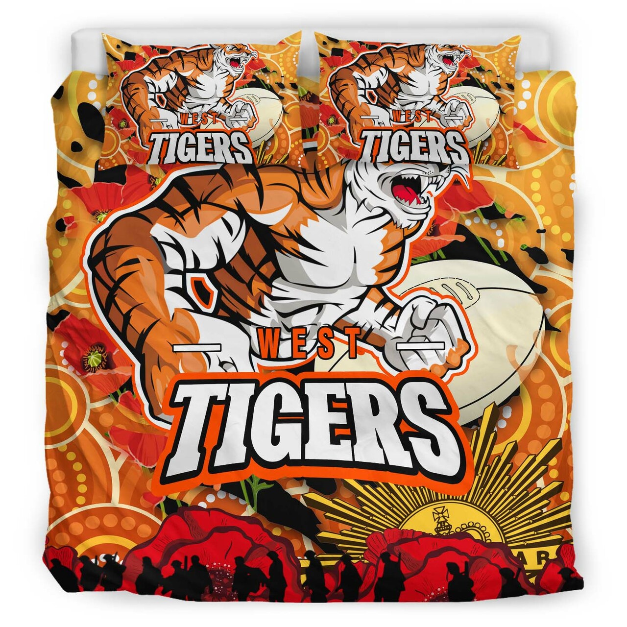 Tigers Rugby ANZAC Aboriginal Bedding Set - Tigers Rugby with Remembrance Day Poppy Flower Bedding Set LT10 - Vibe Hoodie Shop