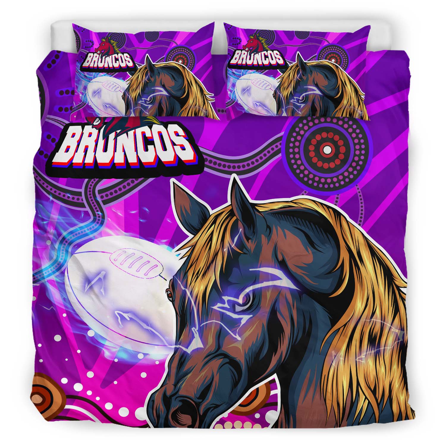 Broncos Rugby Bedding Set - Custom Broncos Horse Rugby with Aboriginal Low Poly Style Bedding Set - Vibe Hoodie Shop