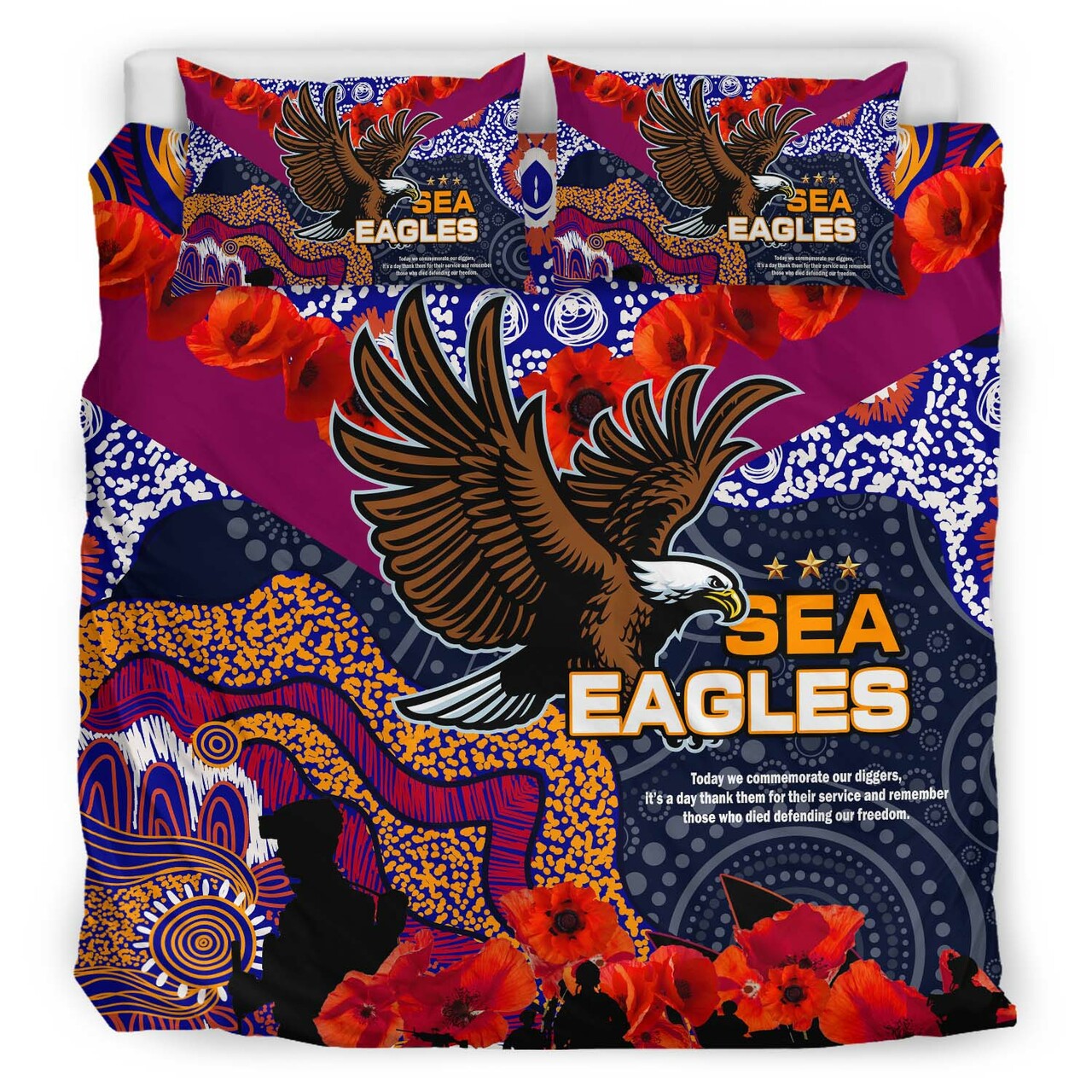 Sea Eagles Rugby ANZAC Aboriginal Bedding Set - Manly Warringah Sea Eagles with ANZAC Day Poppy Flower Bedding Set LT10 - Vibe Hoodie Shop