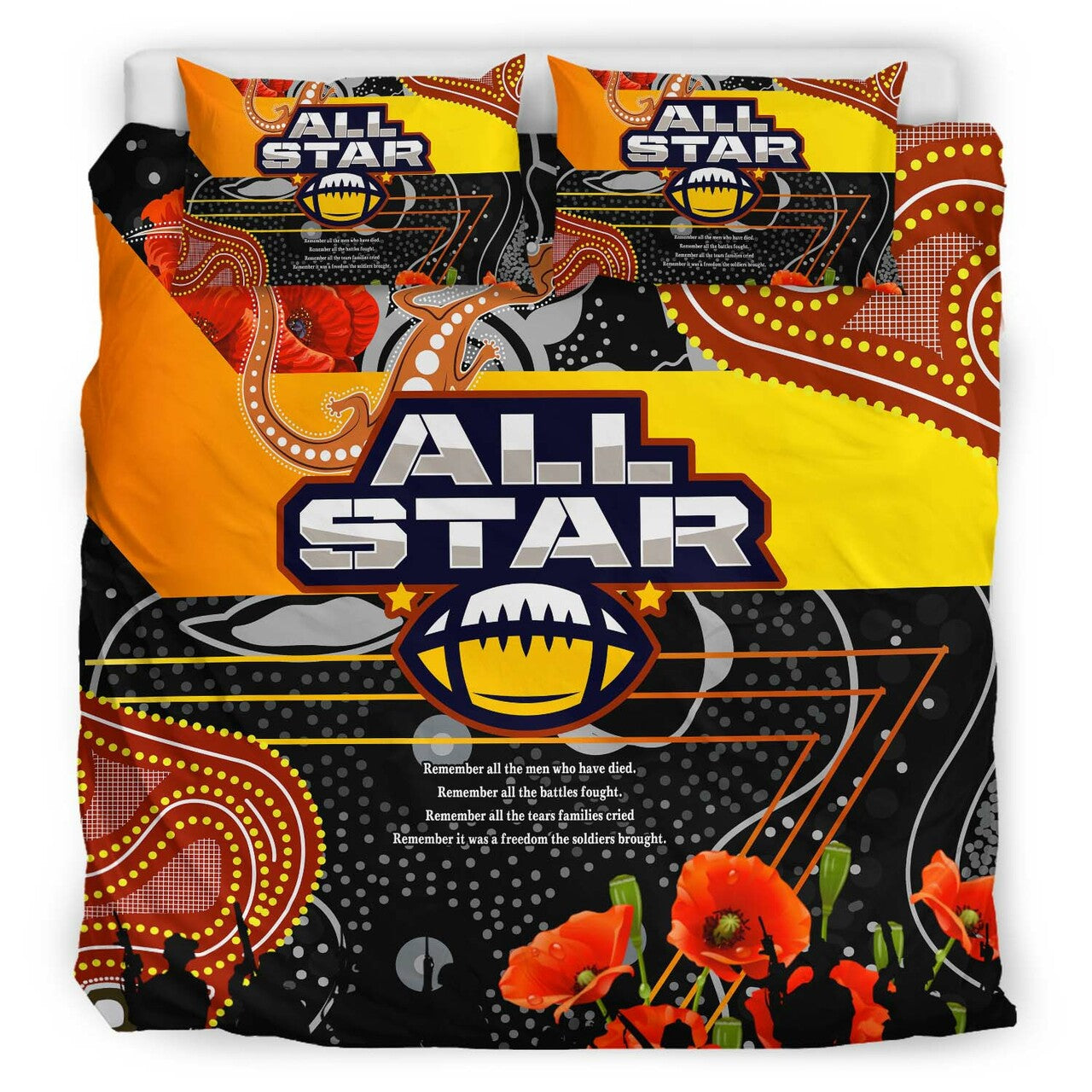 All Stars Rugby ANZAC Aboriginal Bedding Set - All Stars with ANZAC Day with Poppy Flower Bedding Set LT10 - Vibe Hoodie Shop