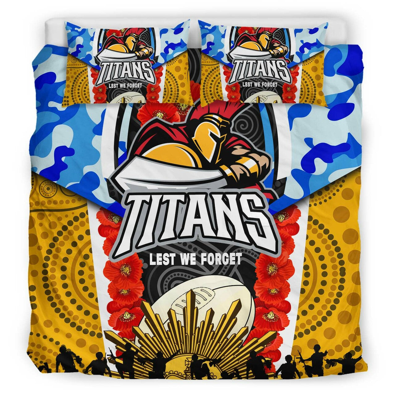 Titans Rugby ANZAC Aboriginal Bedding Set - Titans with Poppy Watercolor Flower Bedding Set LT10 - Vibe Hoodie Shop