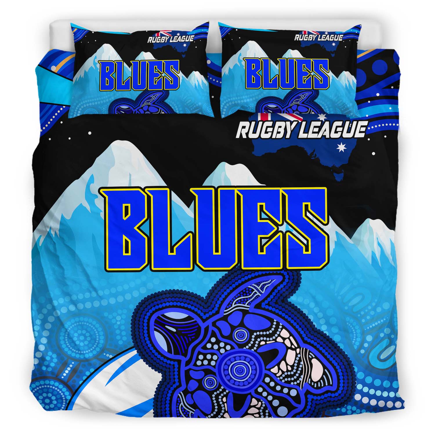 Blues Rugby Bedding Set - Blues Rugby League Turtle and Mountain Aboriginal Culture Bedding Set - Vibe Hoodie Shop