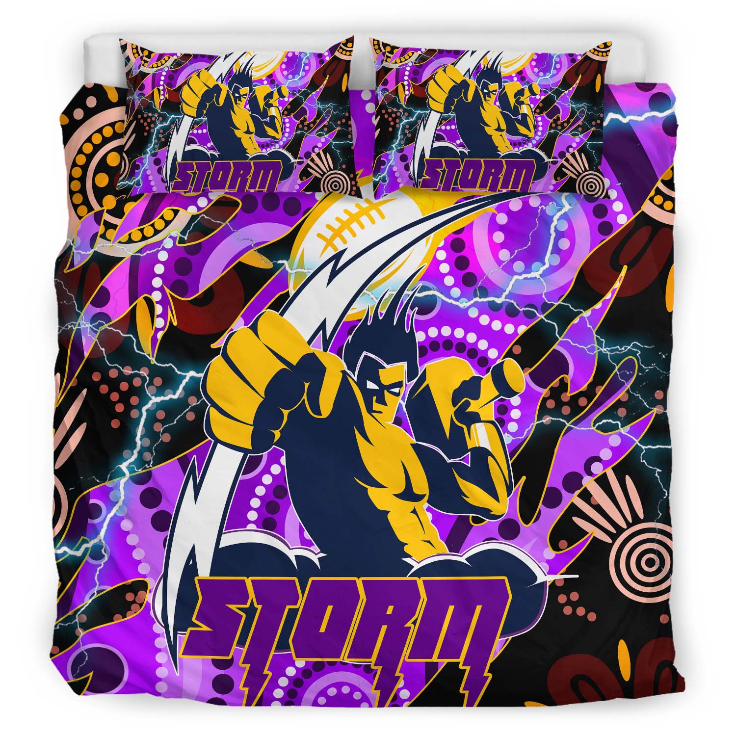 Storm Rugby Bedding Set - Storm Rugby Team with Aboriginal Dot Painting and Indigenous Pattern Bedding Set - Vibe Hoodie Shop