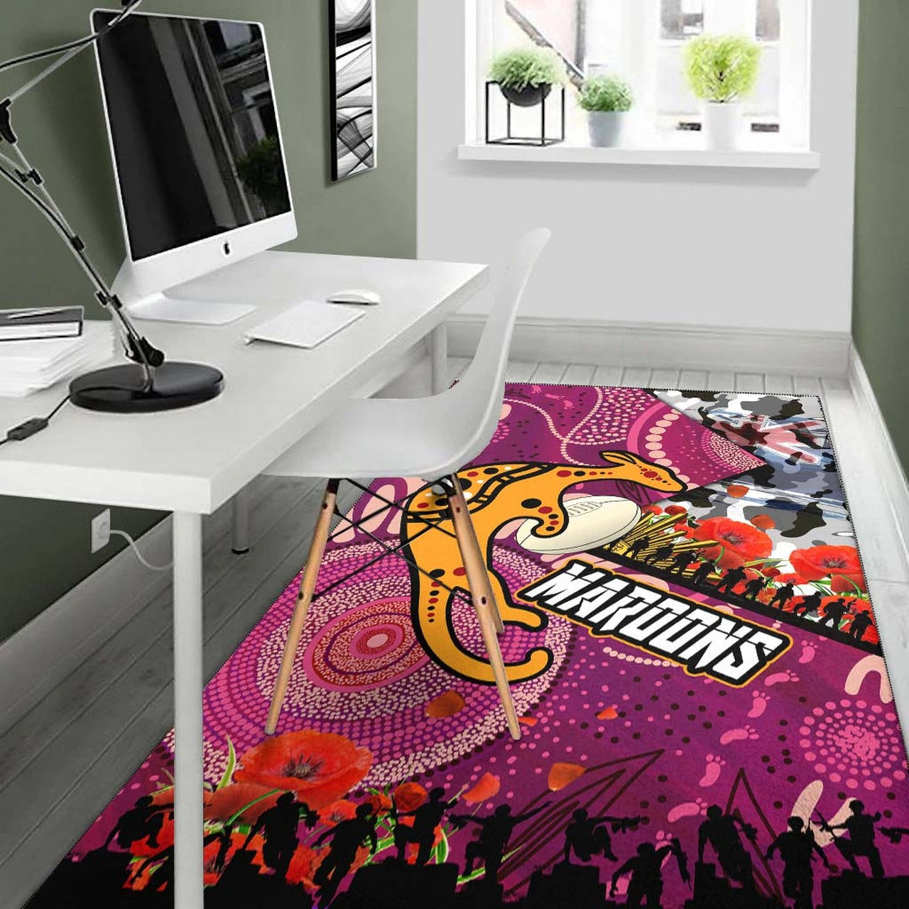 Maroons Rugby ANZAC Aboriginal Area Rug - Maroons Aboriginal Pattern with ANZAC Day Poppy Flower Area Rug LT10 - Vibe Hoodie Shop