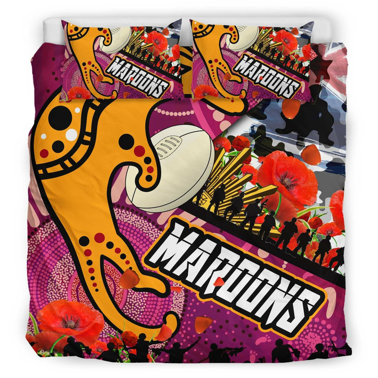 Maroons Rugby ANZAC Aboriginal Bedding Set - Maroons Aboriginal Pattern with ANZAC Day Poppy Flower Bedding Set LT10 - Vibe Hoodie Shop