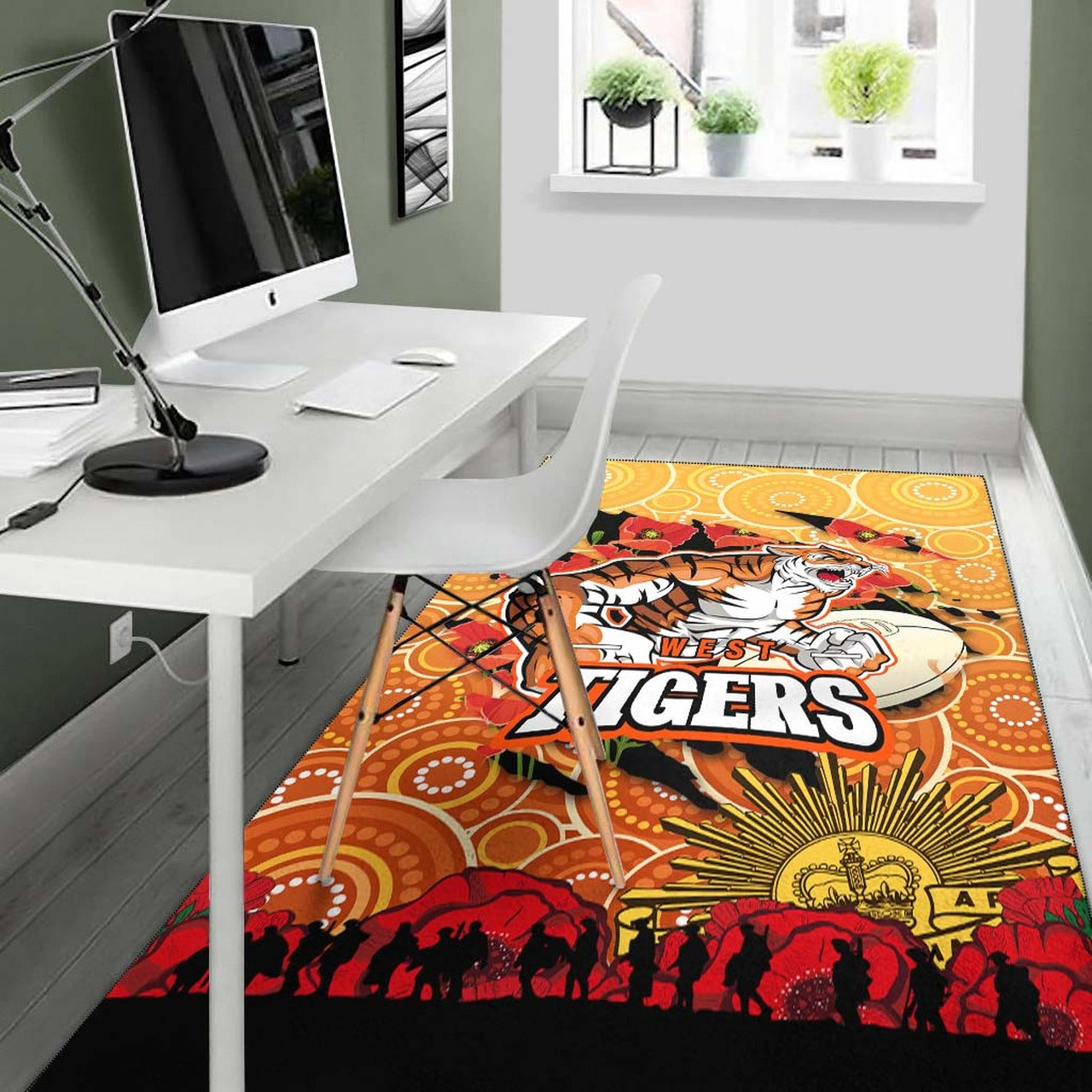 Tigers Rugby ANZAC Aboriginal Area Rug - Tigers Rugby with Remembrance Day Poppy Flower Area Rug LT10 - Vibe Hoodie Shop