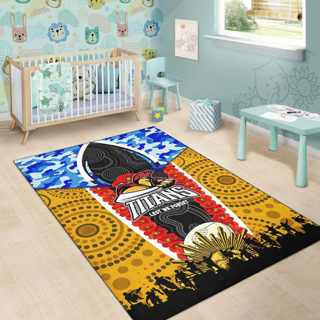 Titans Rugby ANZAC Aboriginal Rug - Titans with Poppy Watercolor Flower Rug LT10 - Vibe Hoodie Shop