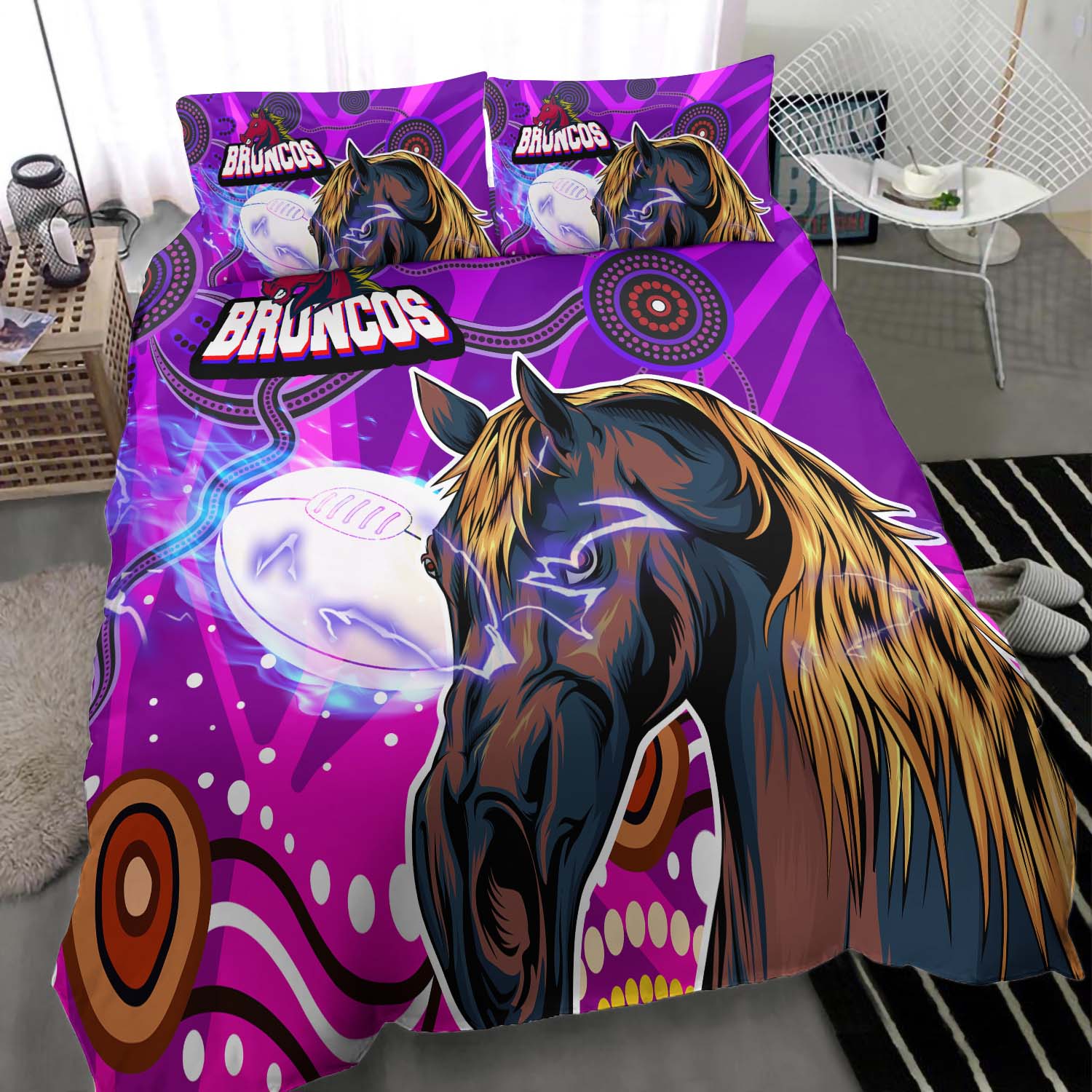 Broncos Rugby Bedding Set - Custom Broncos Horse Rugby with Aboriginal Low Poly Style Bedding Set - Vibe Hoodie Shop