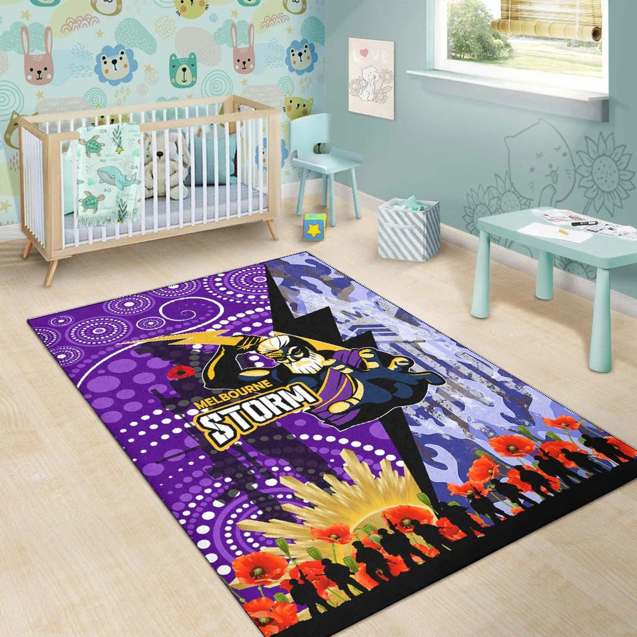 Storm ANZAC Aboriginal Area Rug - Melbourne Storm with Remembrance Day Poppy Flower Area Rug LT10 - Vibe Hoodie Shop