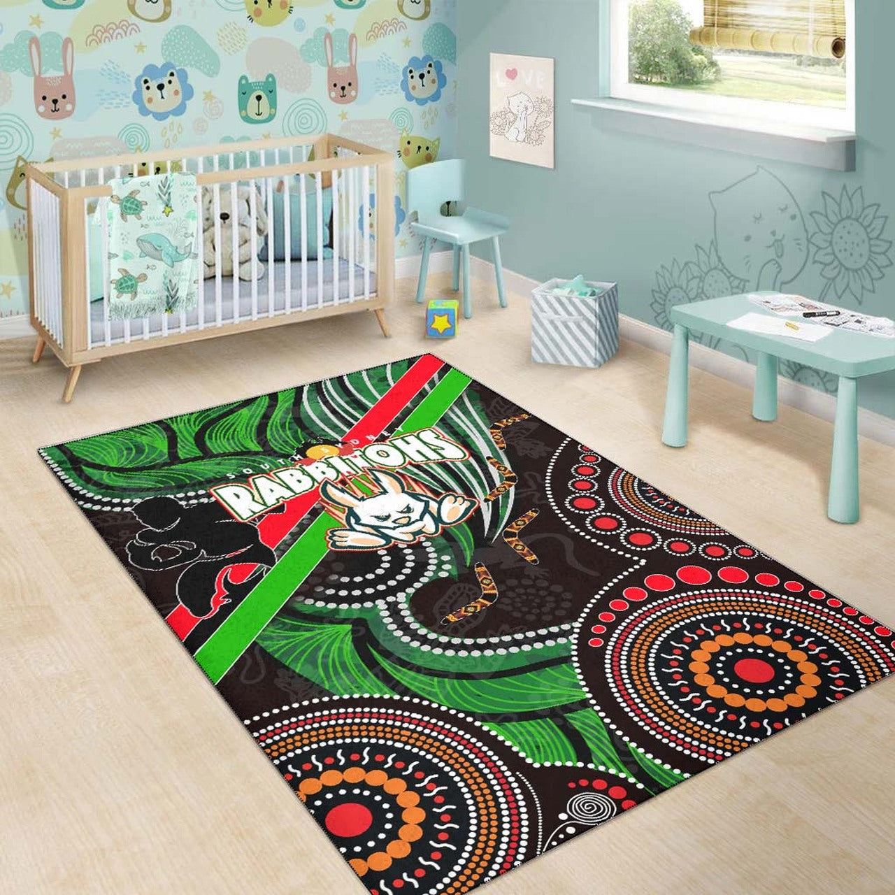 Rabbitohs Rugby ANZAC Aboriginal Rug - Rabbitohs Remembrance Day with Poppy Flower Rug LT10 - Vibe Hoodie Shop