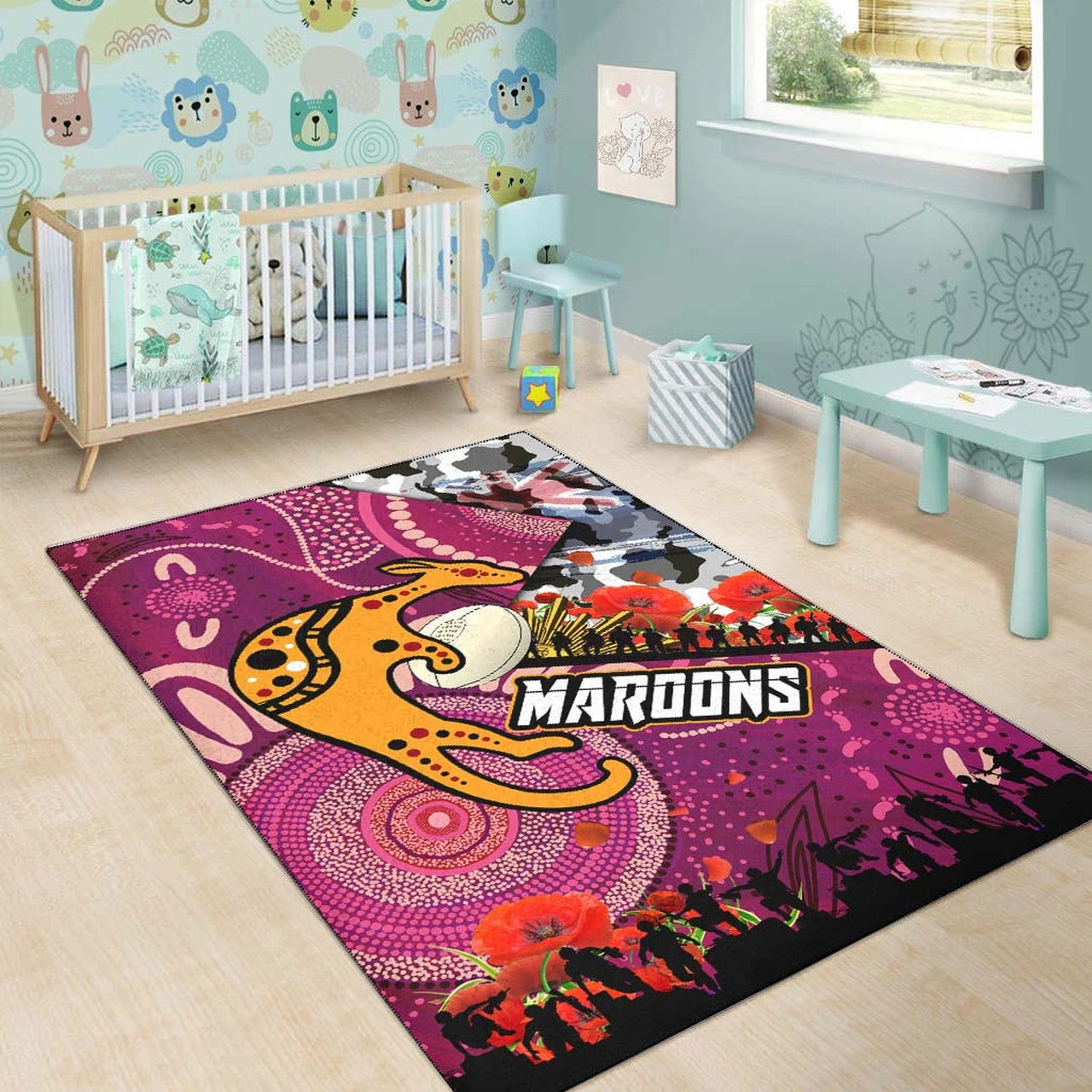 Maroons Rugby ANZAC Aboriginal Area Rug - Maroons Aboriginal Pattern with ANZAC Day Poppy Flower Area Rug LT10 - Vibe Hoodie Shop