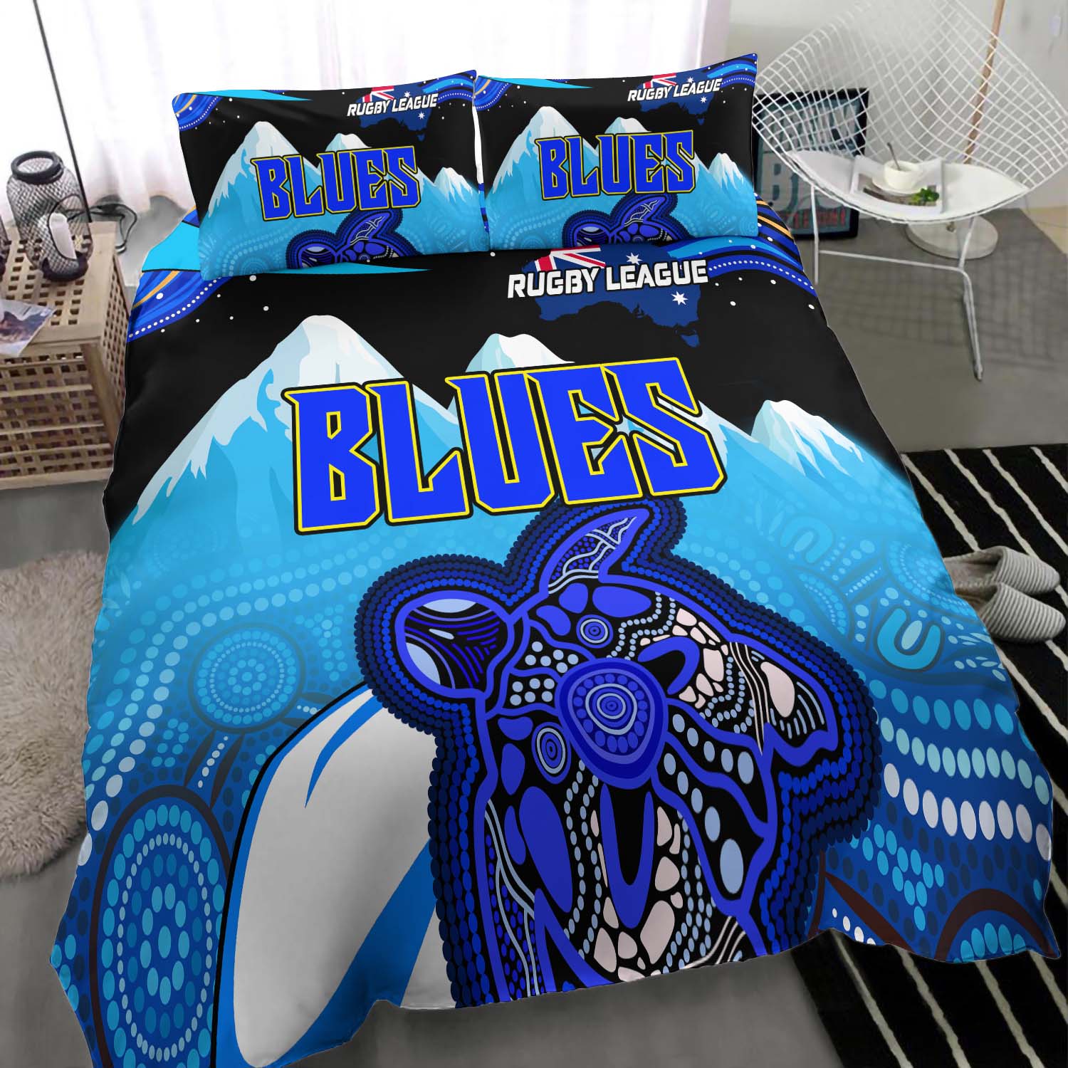 Blues Rugby Bedding Set - Blues Rugby League Turtle and Mountain Aboriginal Culture Bedding Set - Vibe Hoodie Shop