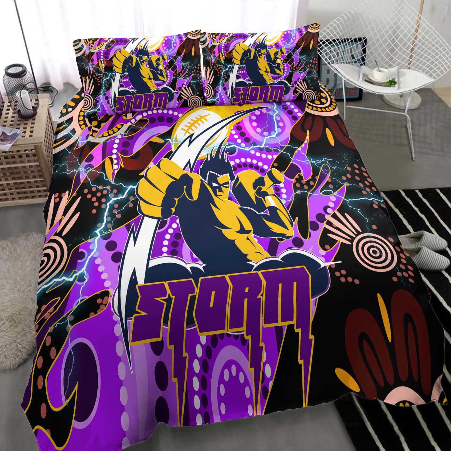 Storm Rugby Bedding Set - Storm Rugby Team with Aboriginal Dot Painting and Indigenous Pattern Bedding Set - Vibe Hoodie Shop