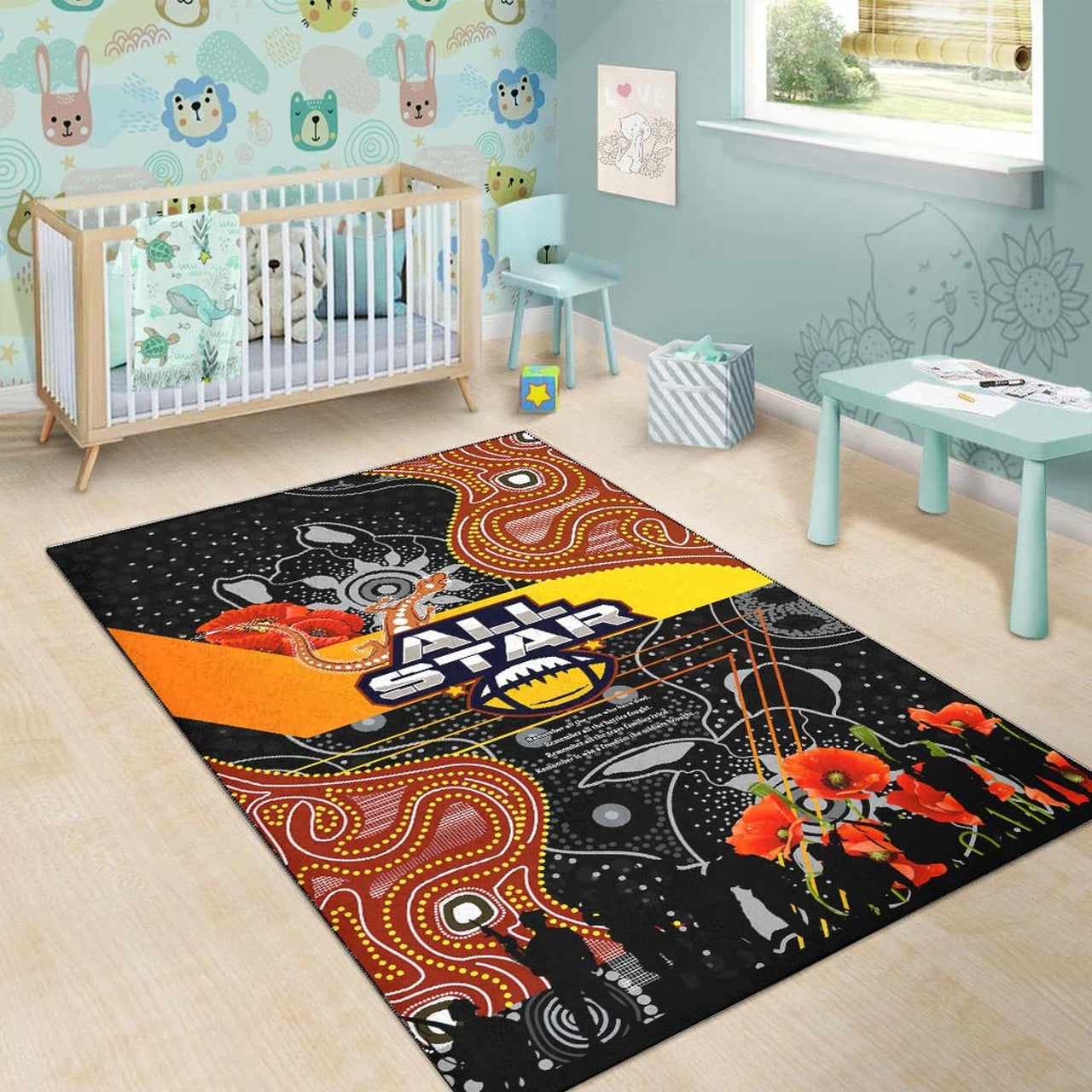 All Stars Rugby ANZAC Aboriginal Area Rug - All Stars with ANZAC Day with Poppy Flower Area Rug LT10 - Vibe Hoodie Shop