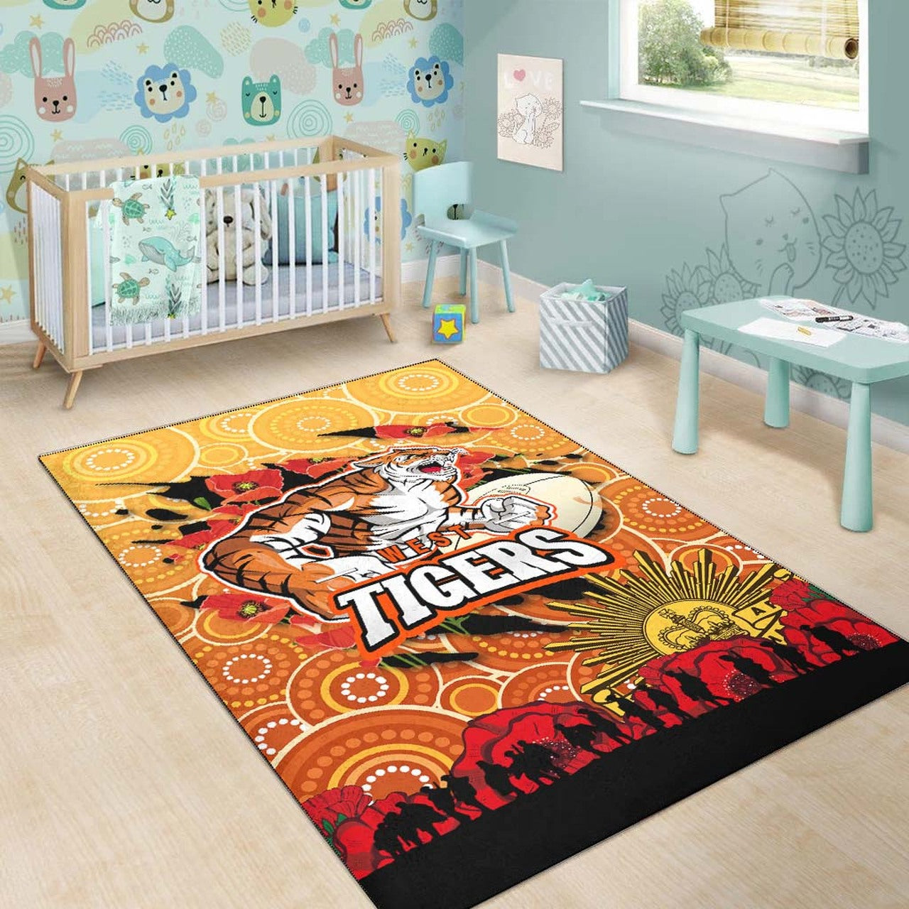 Tigers Rugby ANZAC Aboriginal Area Rug - Tigers Rugby with Remembrance Day Poppy Flower Area Rug LT10 - Vibe Hoodie Shop