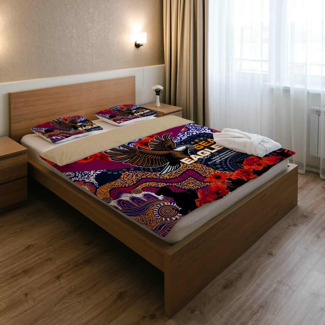 Sea Eagles Rugby ANZAC Aboriginal Bedding Set - Manly Warringah Sea Eagles with ANZAC Day Poppy Flower Bedding Set LT10 - Vibe Hoodie Shop