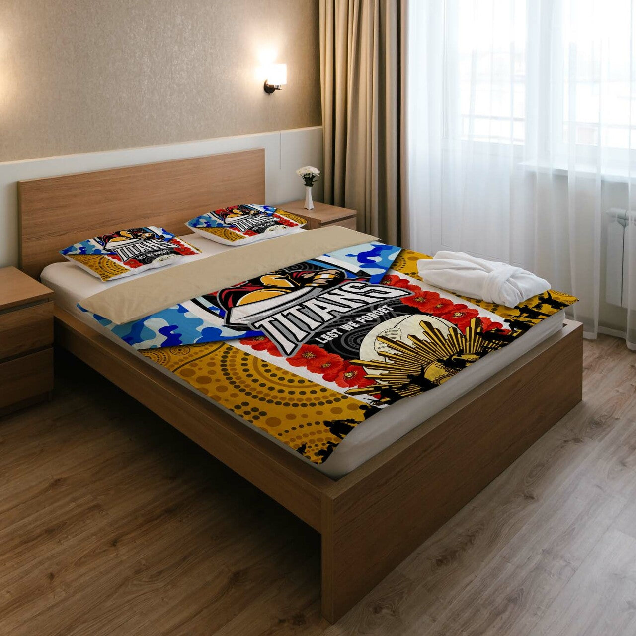 Titans Rugby ANZAC Aboriginal Bedding Set - Titans with Poppy Watercolor Flower Bedding Set LT10 - Vibe Hoodie Shop