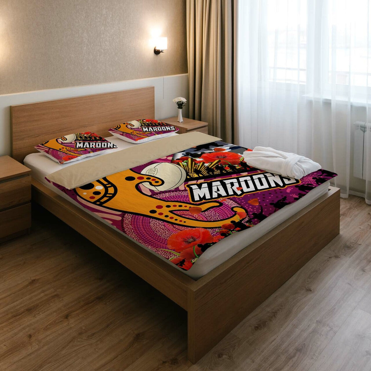 Maroons Rugby ANZAC Aboriginal Bedding Set - Maroons Aboriginal Pattern with ANZAC Day Poppy Flower Bedding Set LT10 - Vibe Hoodie Shop