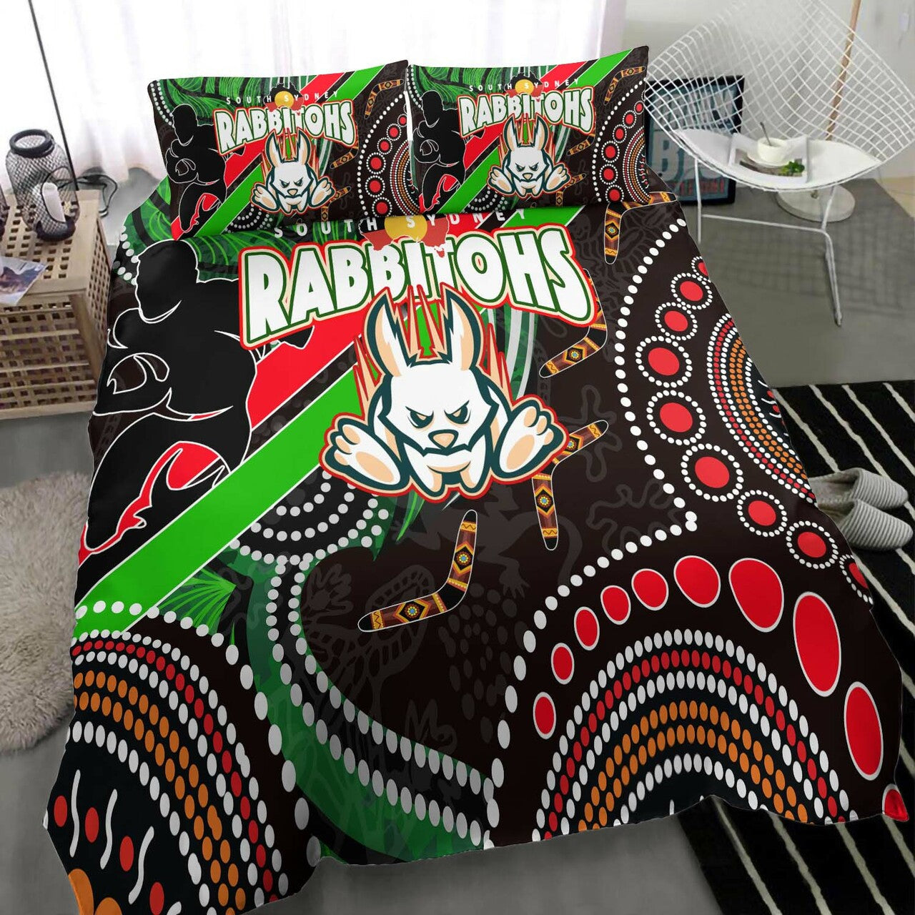 Rabbitohs Rugby ANZAC Aboriginal Bedding Set - Rabbitohs Remembrance Day with Poppy Flower Bedding Set LT10 - Vibe Hoodie Shop