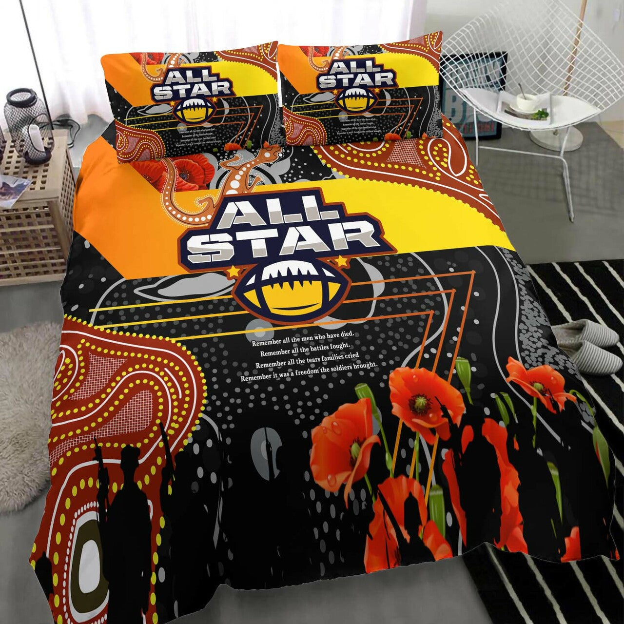 All Stars Rugby ANZAC Aboriginal Bedding Set - All Stars with ANZAC Day with Poppy Flower Bedding Set LT10 - Vibe Hoodie Shop