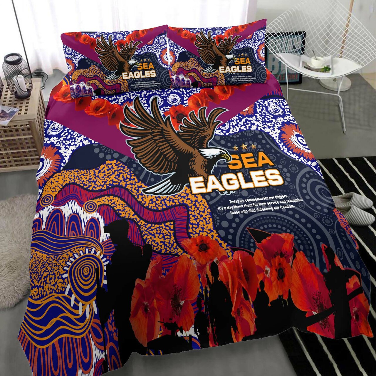 Sea Eagles Rugby ANZAC Aboriginal Bedding Set - Manly Warringah Sea Eagles with ANZAC Day Poppy Flower Bedding Set LT10 - Vibe Hoodie Shop
