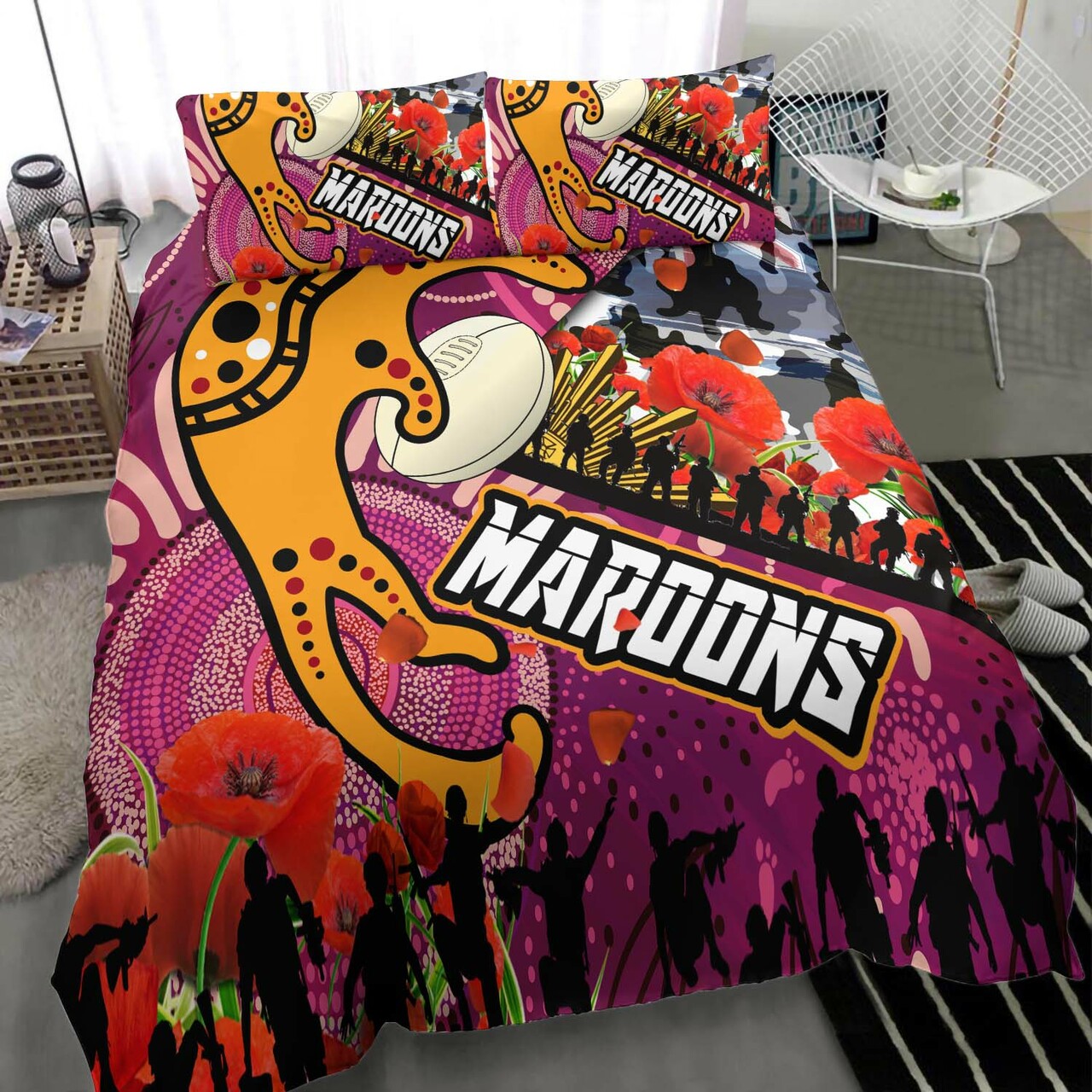 Maroons Rugby ANZAC Aboriginal Bedding Set - Maroons Aboriginal Pattern with ANZAC Day Poppy Flower Bedding Set LT10 - Vibe Hoodie Shop