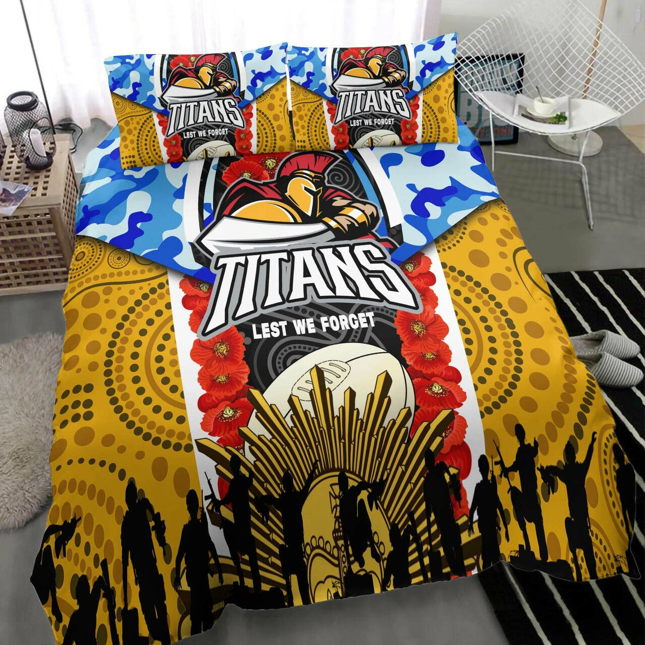 Titans Rugby ANZAC Aboriginal Bedding Set - Titans with Poppy Watercolor Flower Bedding Set LT10 - Vibe Hoodie Shop