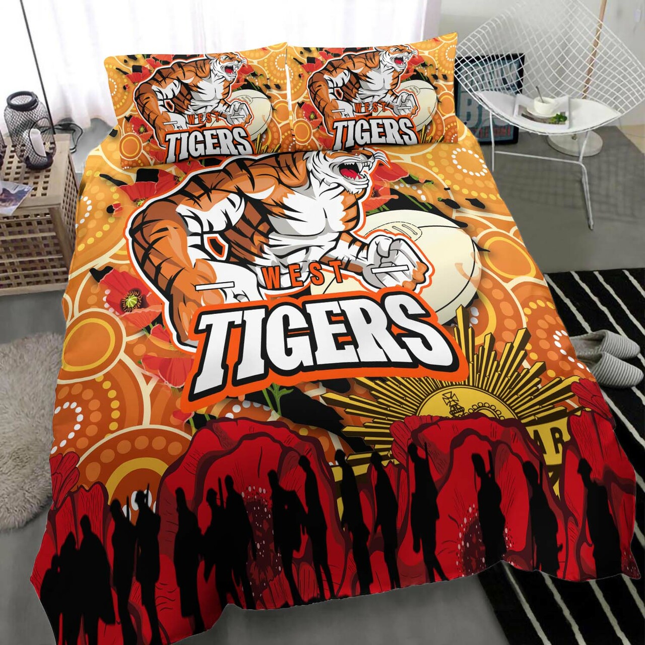 Tigers Rugby ANZAC Aboriginal Bedding Set - Tigers Rugby with Remembrance Day Poppy Flower Bedding Set LT10 - Vibe Hoodie Shop