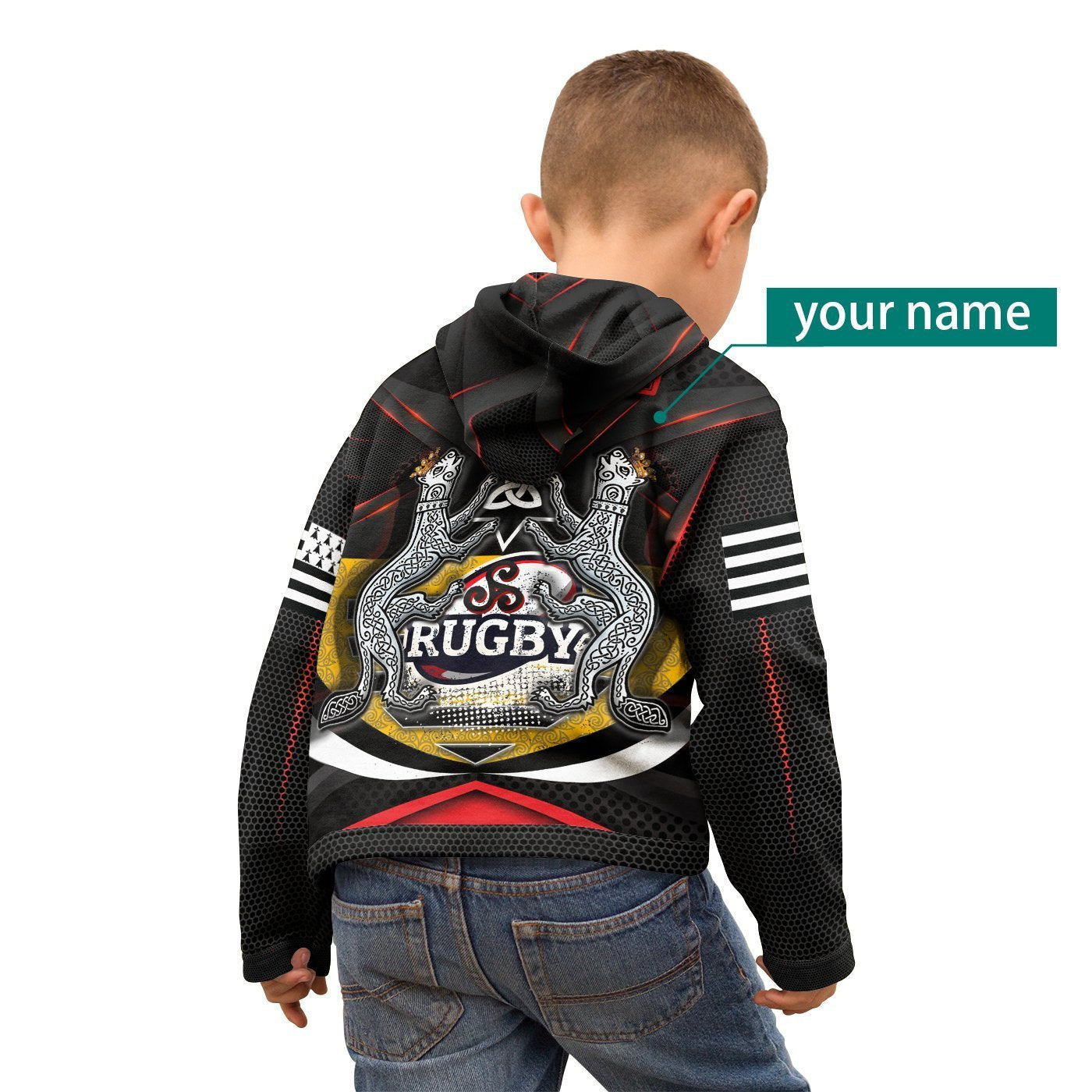 (Custom Text - Kid) Bretagne Rugby Personalised Zip Hoodie - Celtic Triskelion and Stoat Ermine Sport Version - Vibe Hoodie Shop