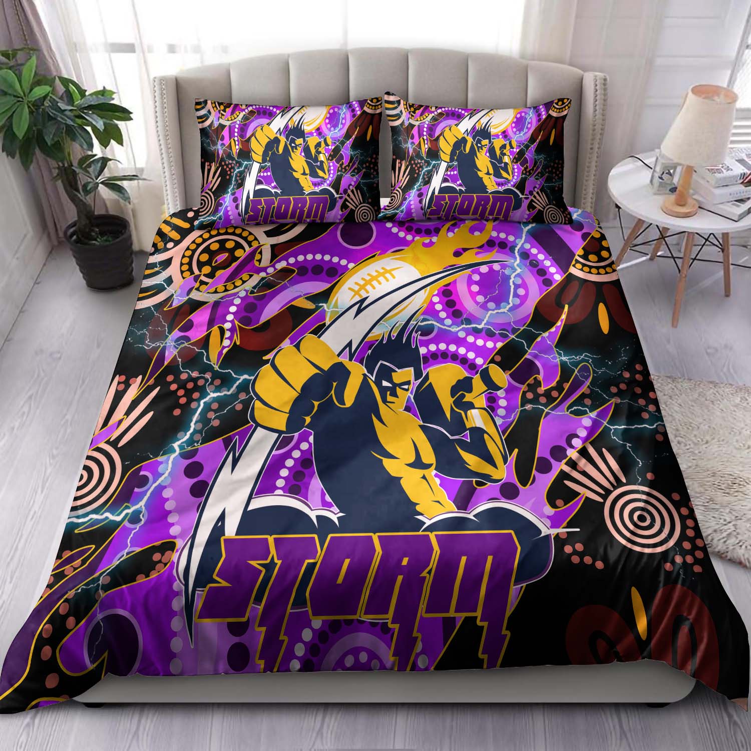 Storm Rugby Bedding Set - Storm Rugby Team with Aboriginal Dot Painting and Indigenous Pattern Bedding Set - Vibe Hoodie Shop