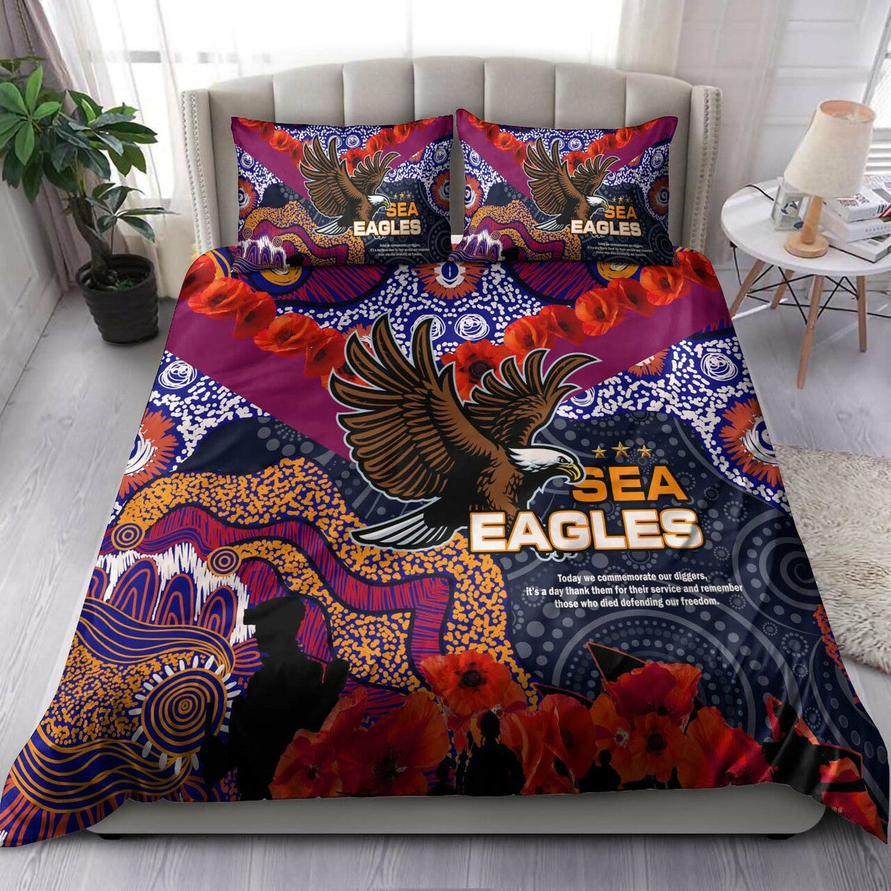 Sea Eagles Rugby ANZAC Aboriginal Bedding Set - Manly Warringah Sea Eagles with ANZAC Day Poppy Flower Bedding Set LT10 - Vibe Hoodie Shop