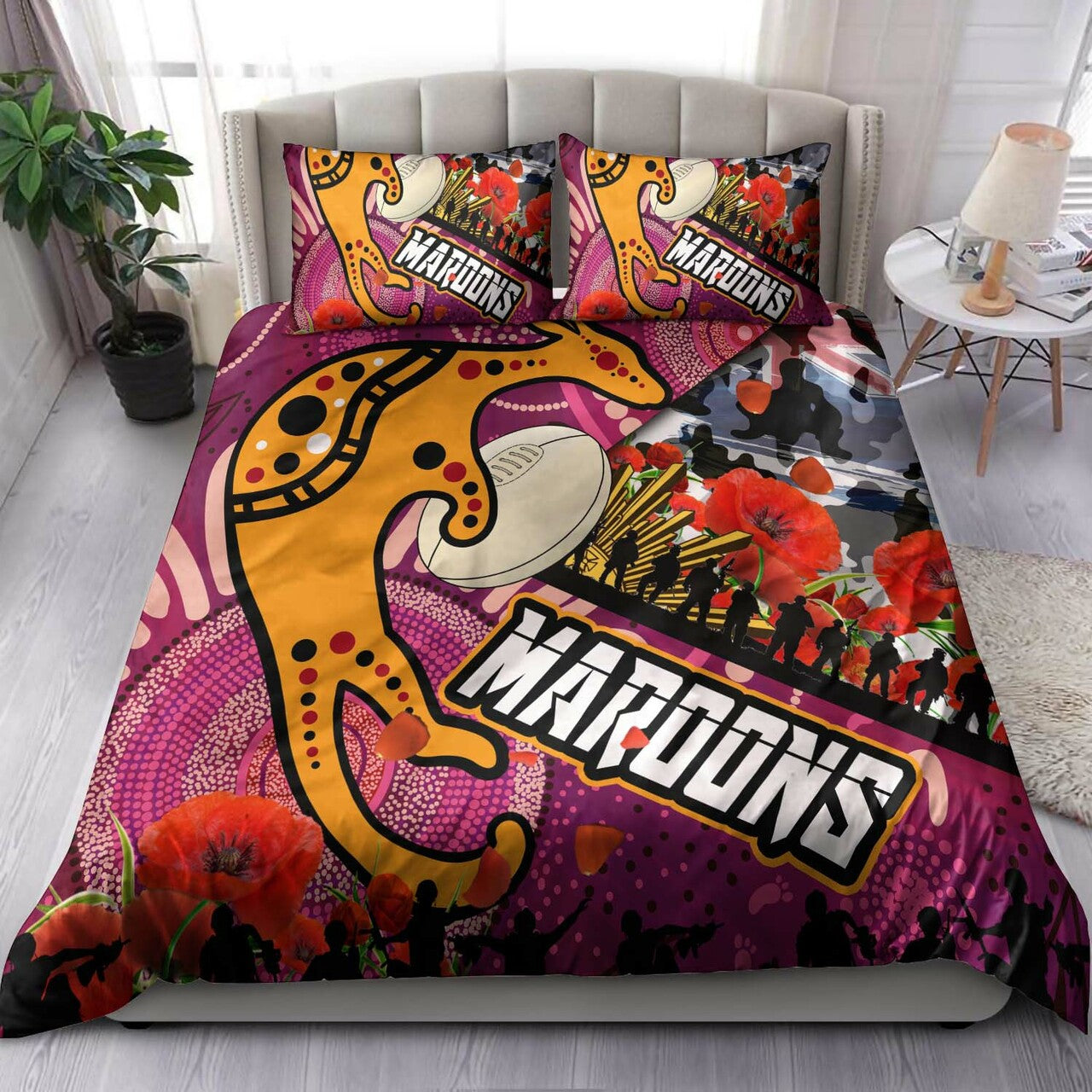 Maroons Rugby ANZAC Aboriginal Bedding Set - Maroons Aboriginal Pattern with ANZAC Day Poppy Flower Bedding Set LT10 - Vibe Hoodie Shop