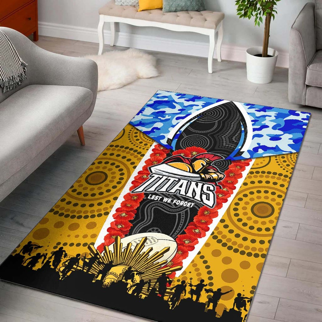 Titans Rugby ANZAC Aboriginal Rug - Titans with Poppy Watercolor Flower Rug LT10 - Vibe Hoodie Shop