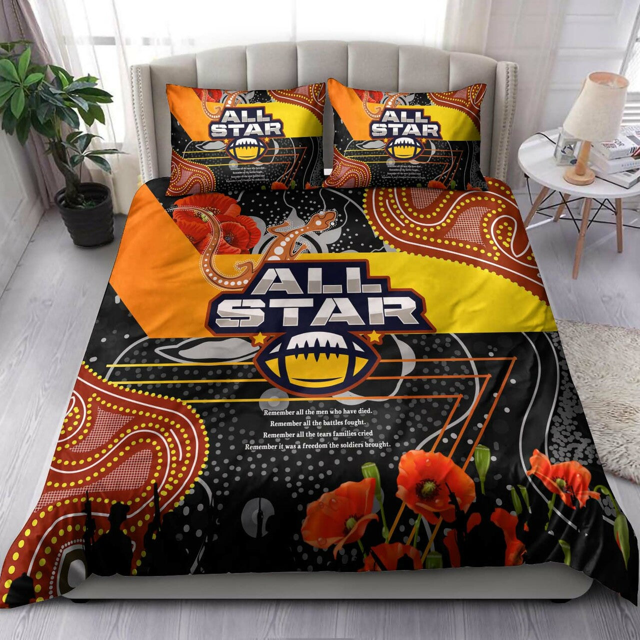 All Stars Rugby ANZAC Aboriginal Bedding Set - All Stars with ANZAC Day with Poppy Flower Bedding Set LT10 - Vibe Hoodie Shop