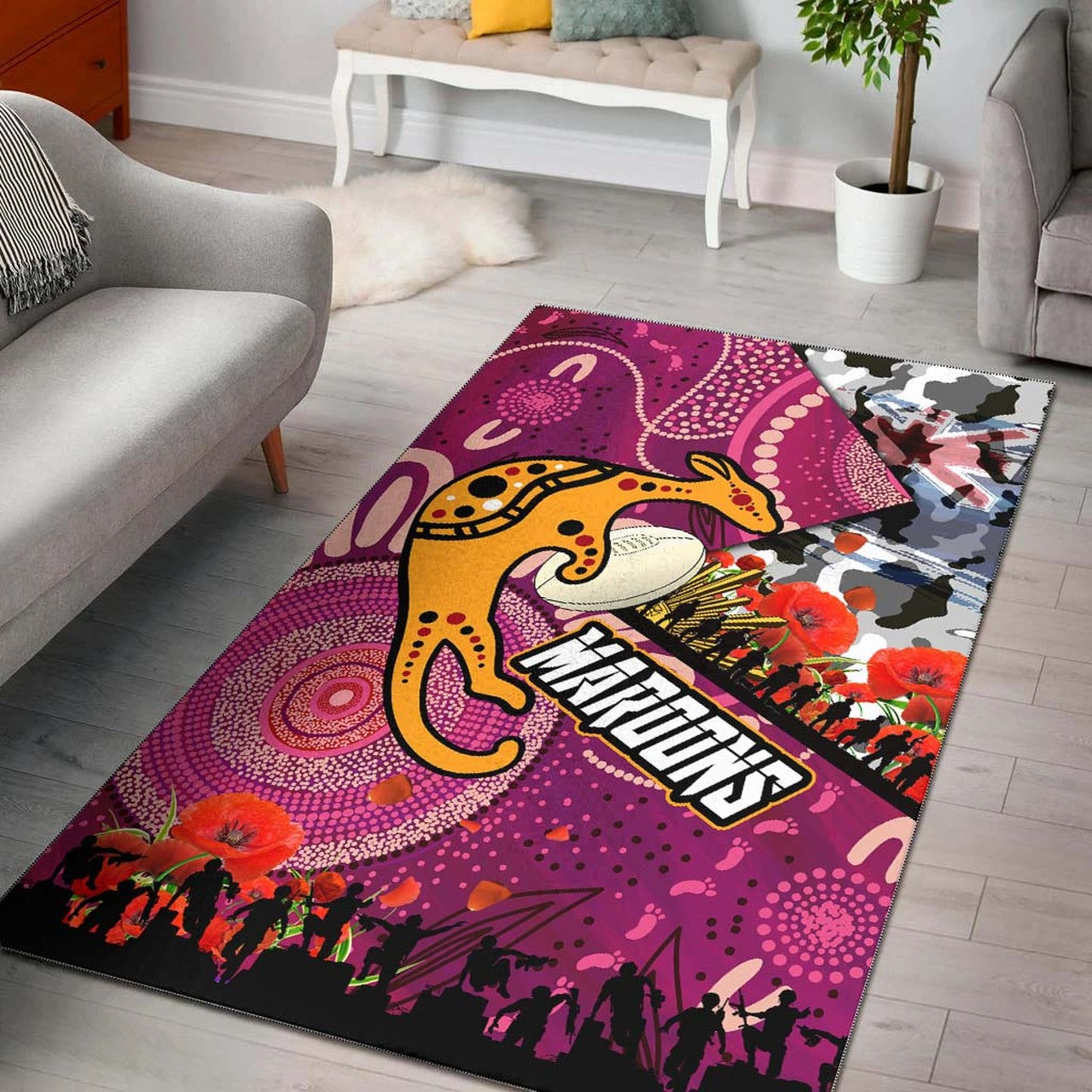 Maroons Rugby ANZAC Aboriginal Area Rug - Maroons Aboriginal Pattern with ANZAC Day Poppy Flower Area Rug LT10 - Vibe Hoodie Shop