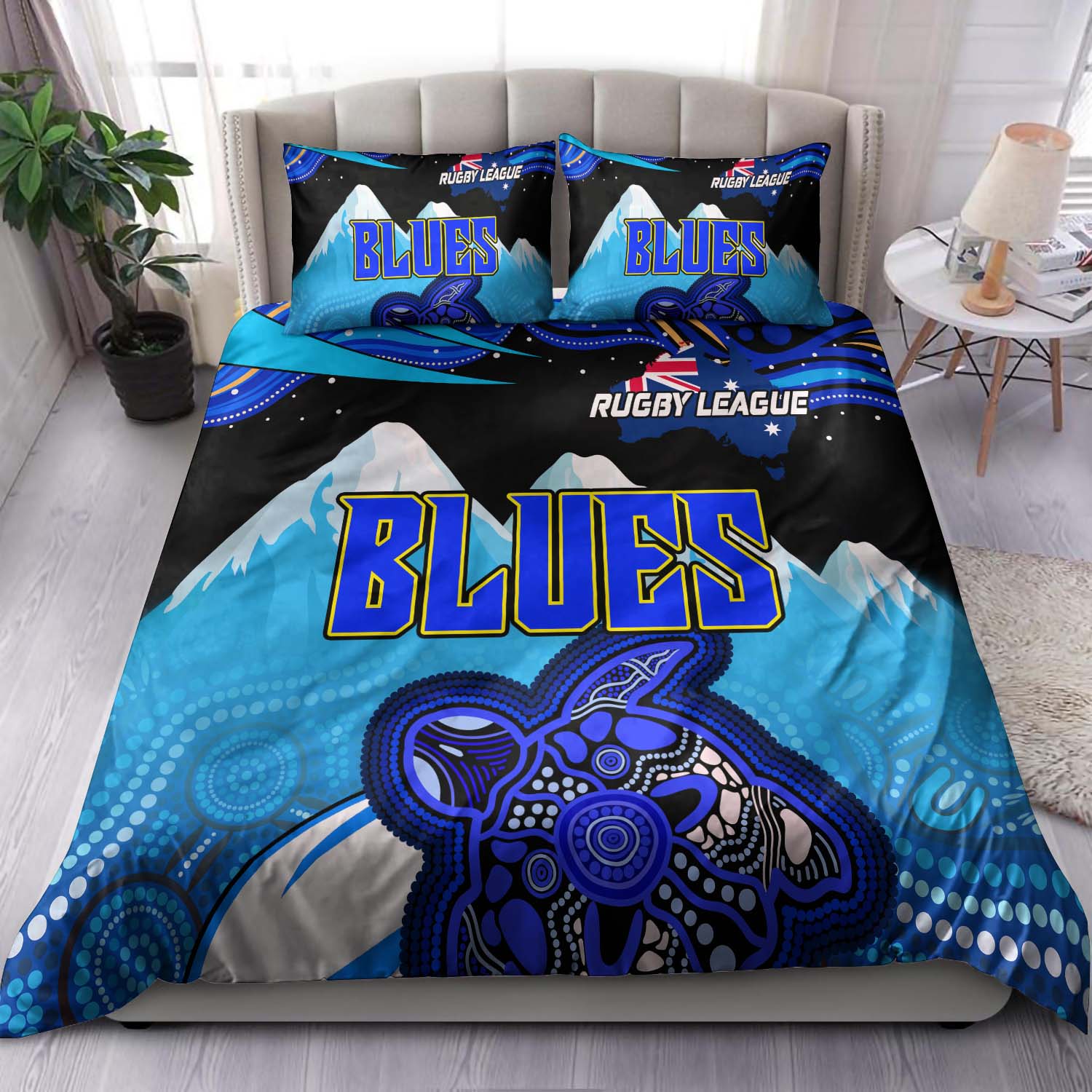 Blues Rugby Bedding Set - Blues Rugby League Turtle and Mountain Aboriginal Culture Bedding Set - Vibe Hoodie Shop