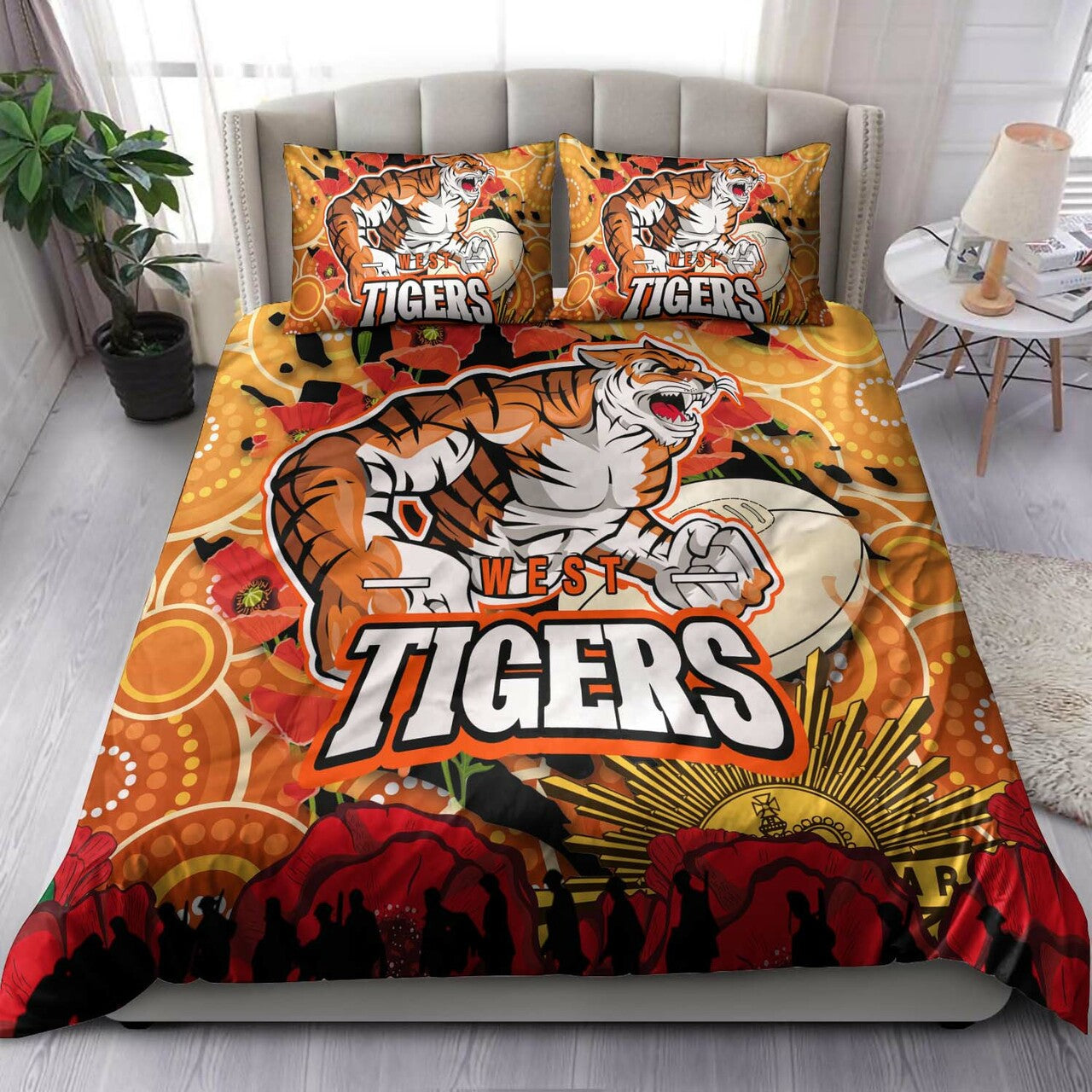 Tigers Rugby ANZAC Aboriginal Bedding Set - Tigers Rugby with Remembrance Day Poppy Flower Bedding Set LT10 - Vibe Hoodie Shop