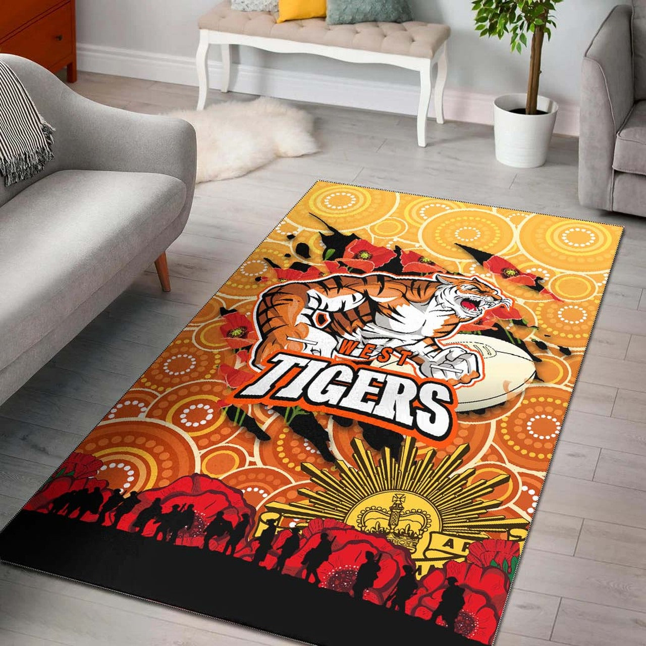 Tigers Rugby ANZAC Aboriginal Area Rug - Tigers Rugby with Remembrance Day Poppy Flower Area Rug LT10 - Vibe Hoodie Shop