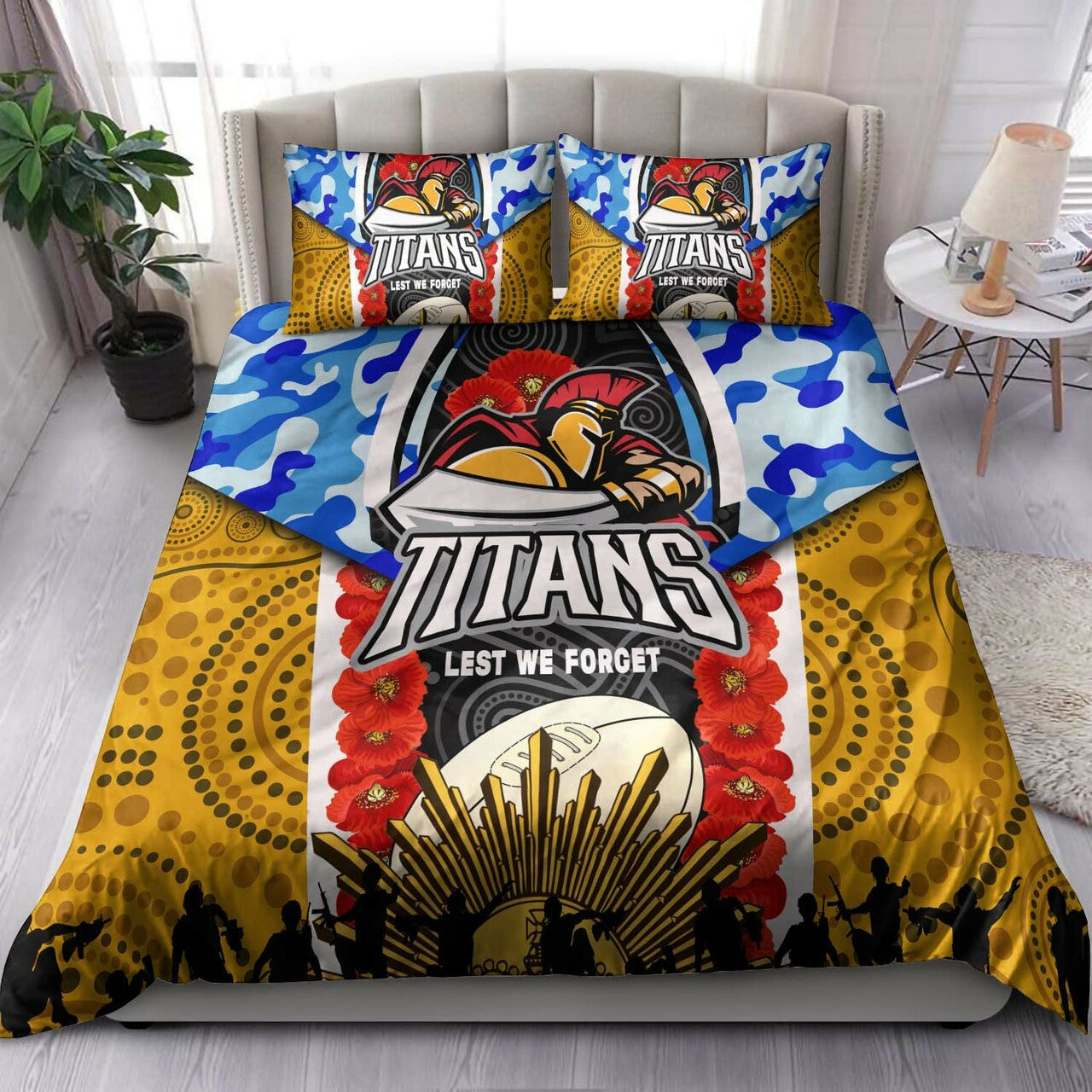 Titans Rugby ANZAC Aboriginal Bedding Set - Titans with Poppy Watercolor Flower Bedding Set LT10 - Vibe Hoodie Shop